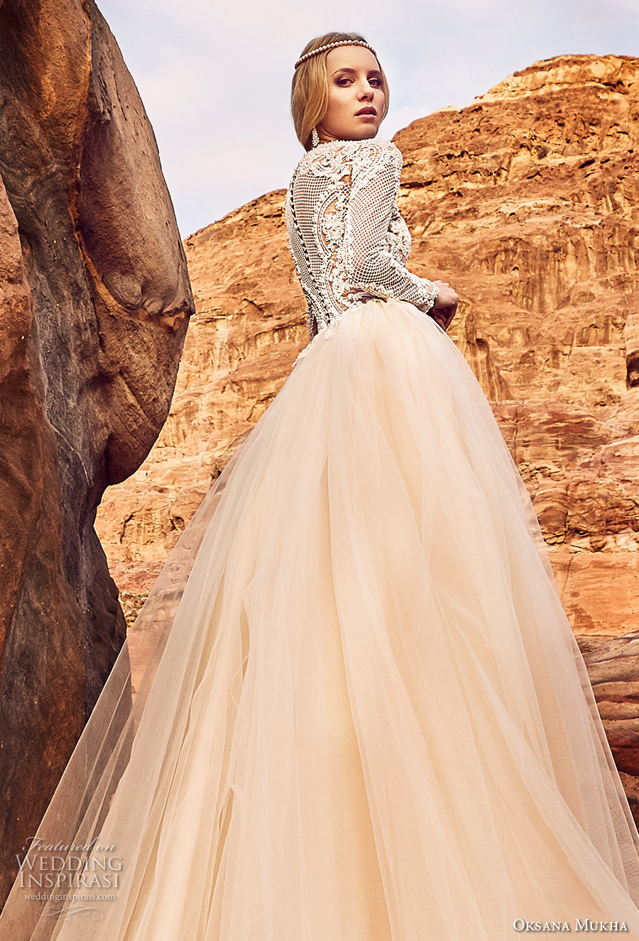 oksana mukha 2018 bridal long sleeves jewel neck heavily embellished lace bodice tulle skirt romantic a  line wedding dress covered lace back royal train (khalissa) zbv