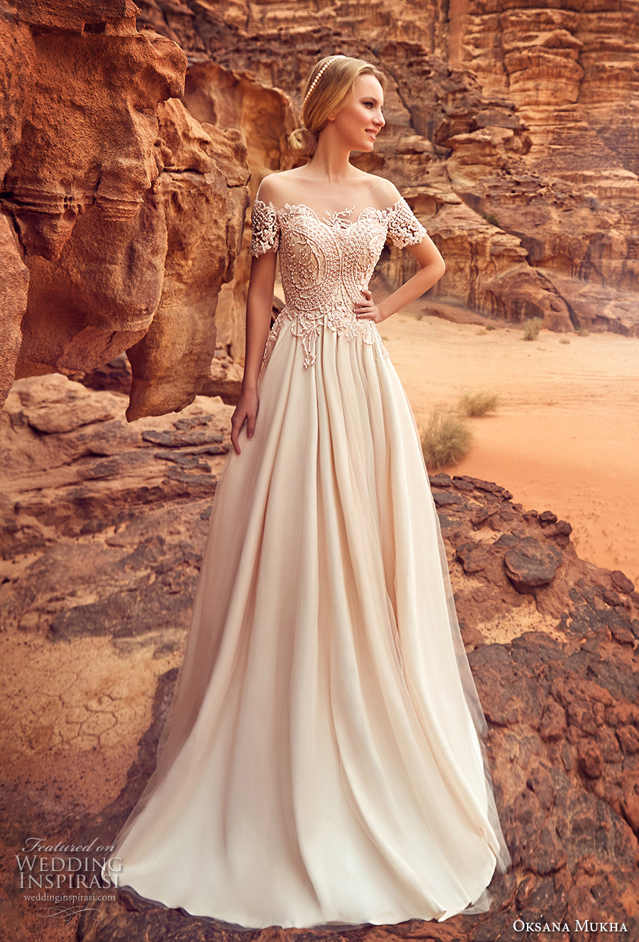 oksana mukha 2018 bridal short sleeves off the shoulder semi sweetheart neckline heavily embellished bodice romantic a  line wedding dress covered lace back sweep train (libia) mv