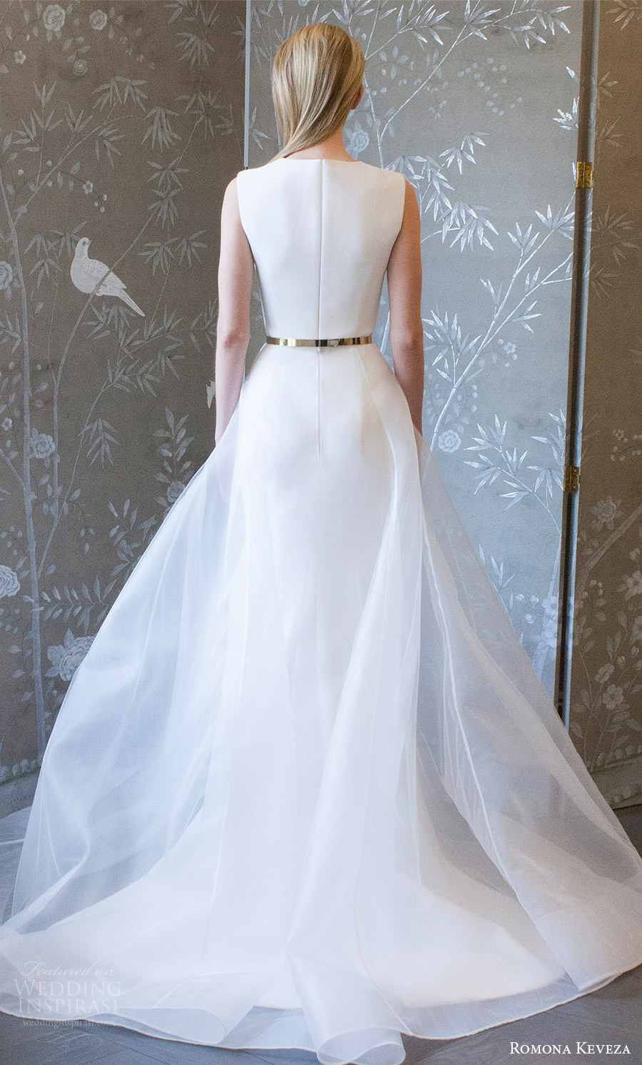 romona keveza spring 2018 bridal sleeveless jewel neck sheath trumpet wedding dress sheer overskirt belt (rk8400) bv clean elegant modern sweep train