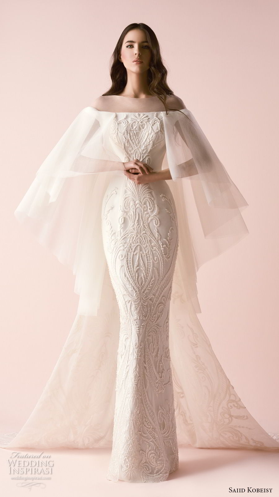 saiid kobeisy 2018 bridal angel sleeves illusion bateau straight across neckline full embellishment elegant sheath wedding dress (3251) mv