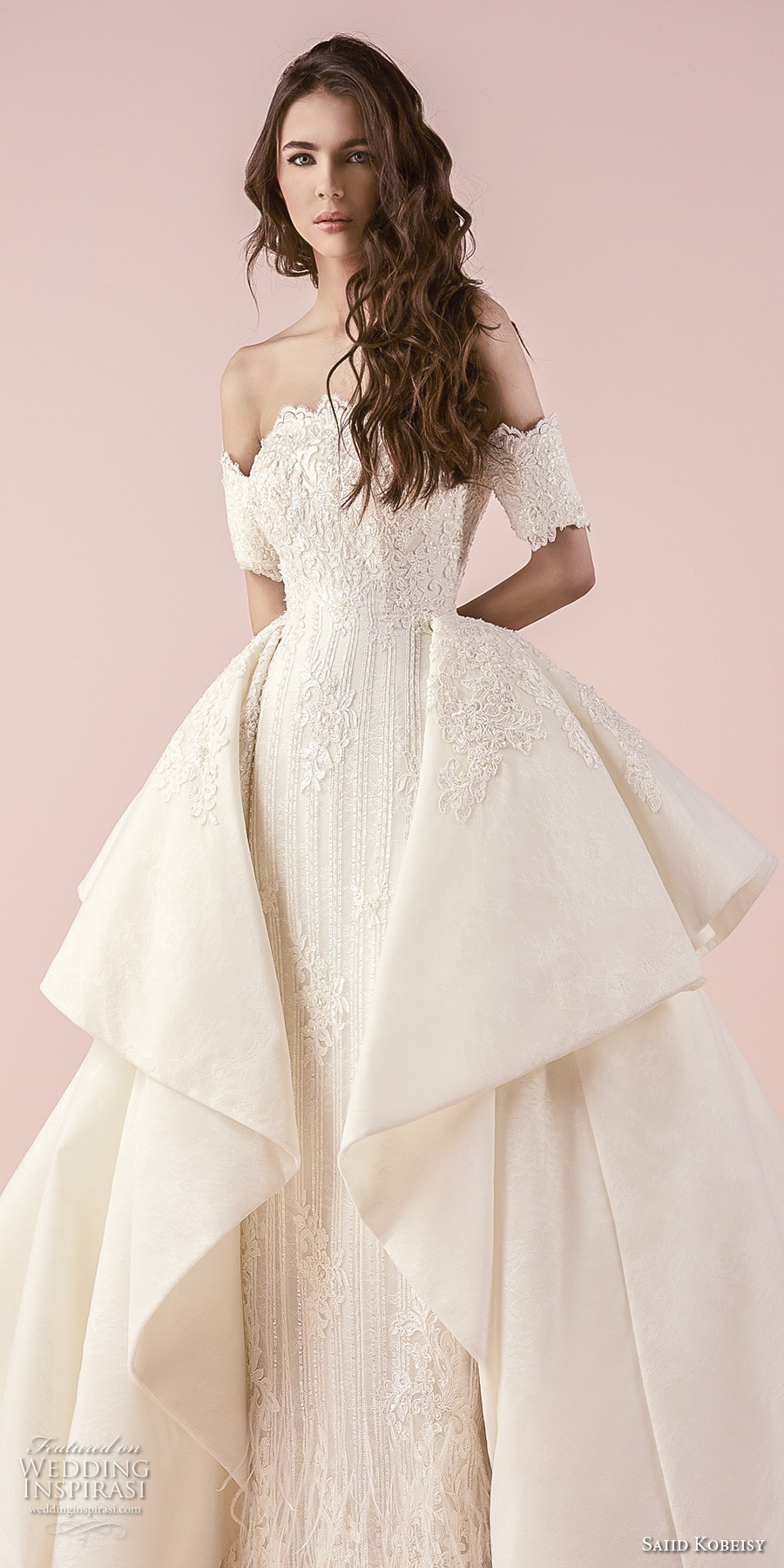 saiid kobeisy 2018 bridal half sleeves off the shoulder straight across scallop neckline full embellishment elegant princess sheath wedding dress a  line overskirt (3234) zv