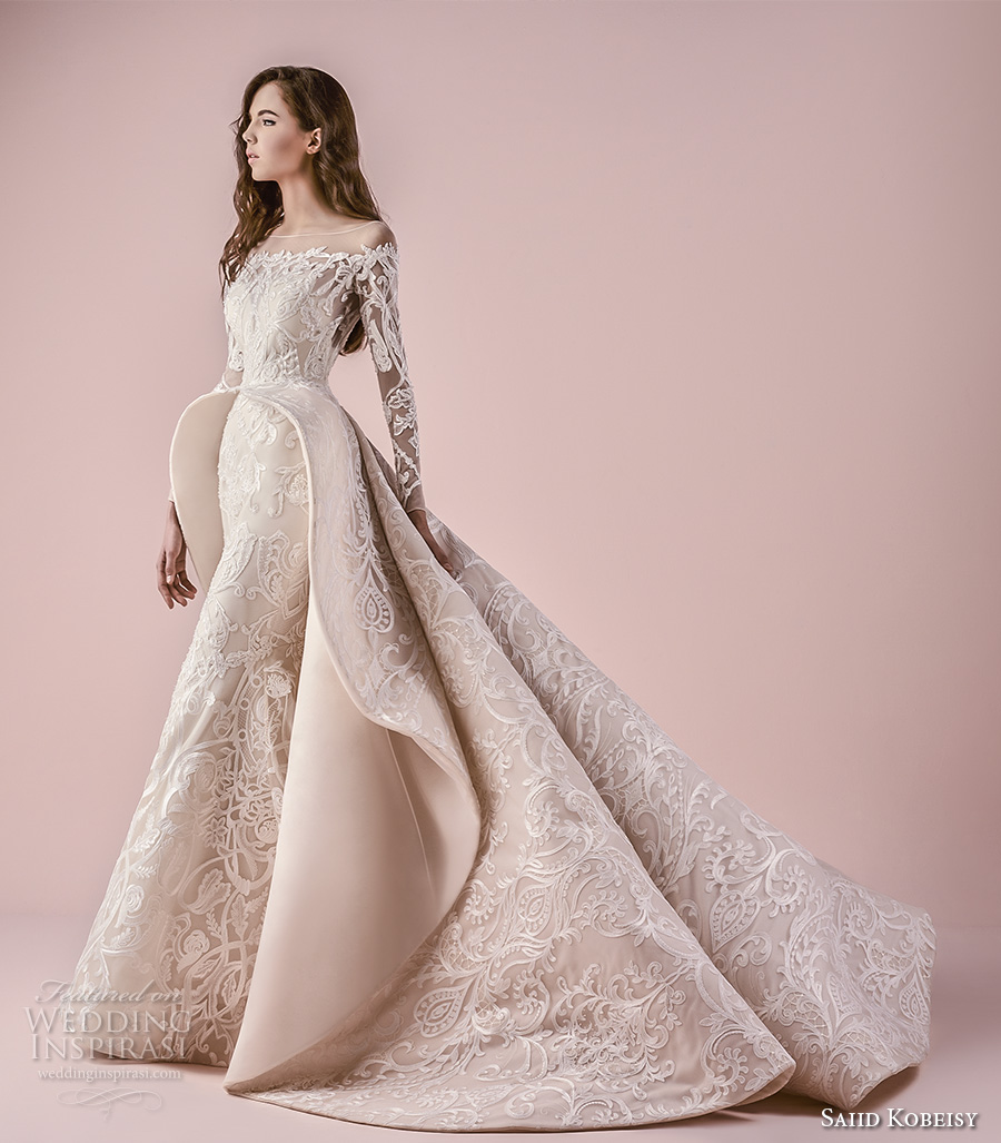 saiid kobeisy 2018 bridal long sleeves illusion bateau off the shoulder neckline full embellishment pepblum glamorous princess a  line wedding dress chapel train (3266) mv