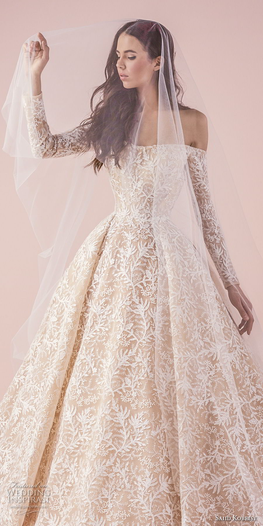 saiid kobeisy 2018 bridal long sleeves straight across full embellishment romantic princess blush color ball gown wedding dress chapel train (3261) zv