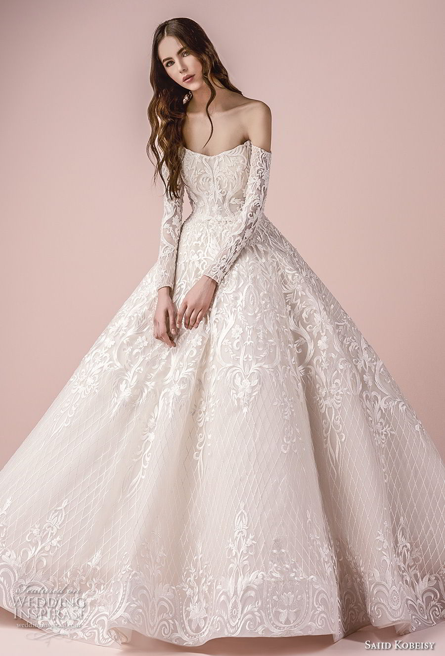 saiid kobeisy 2018 bridal long sleeves strapless off the shoulder v neck heavily embellished bodice princess ball gown wedding dress (3255) mv