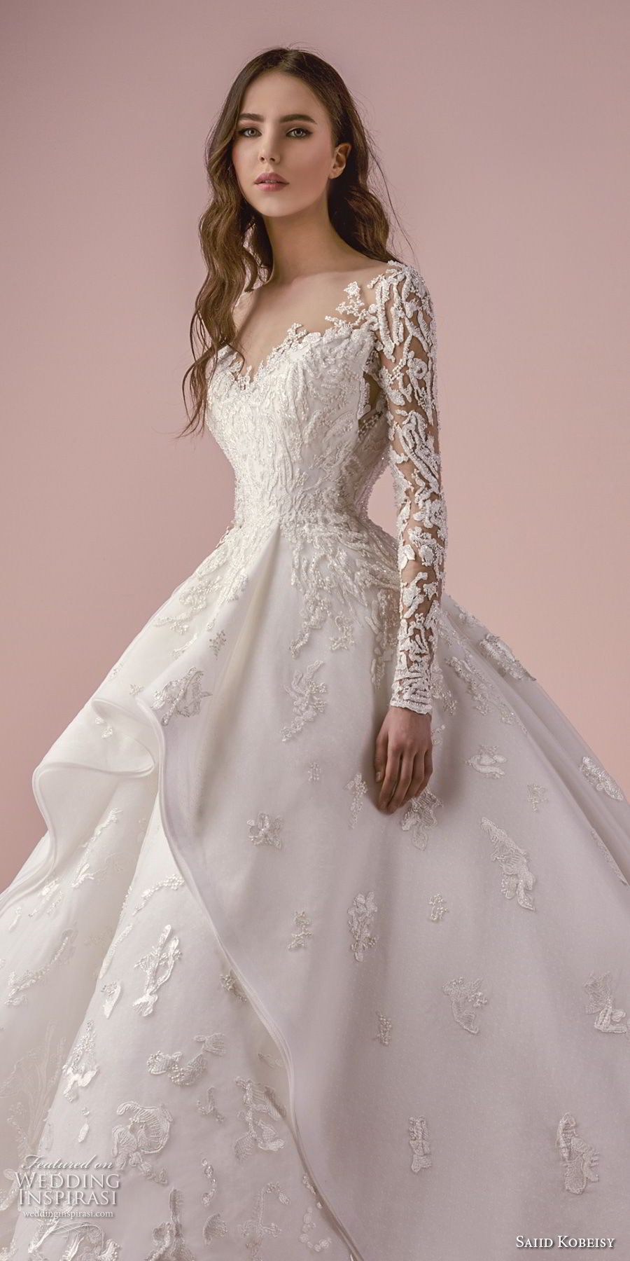 saiid kobeisy 2018 bridal long sleeves v neck heavily embellished bodice romantic princess layered skirt ball gown wedding dress chapel train (3265) zv
