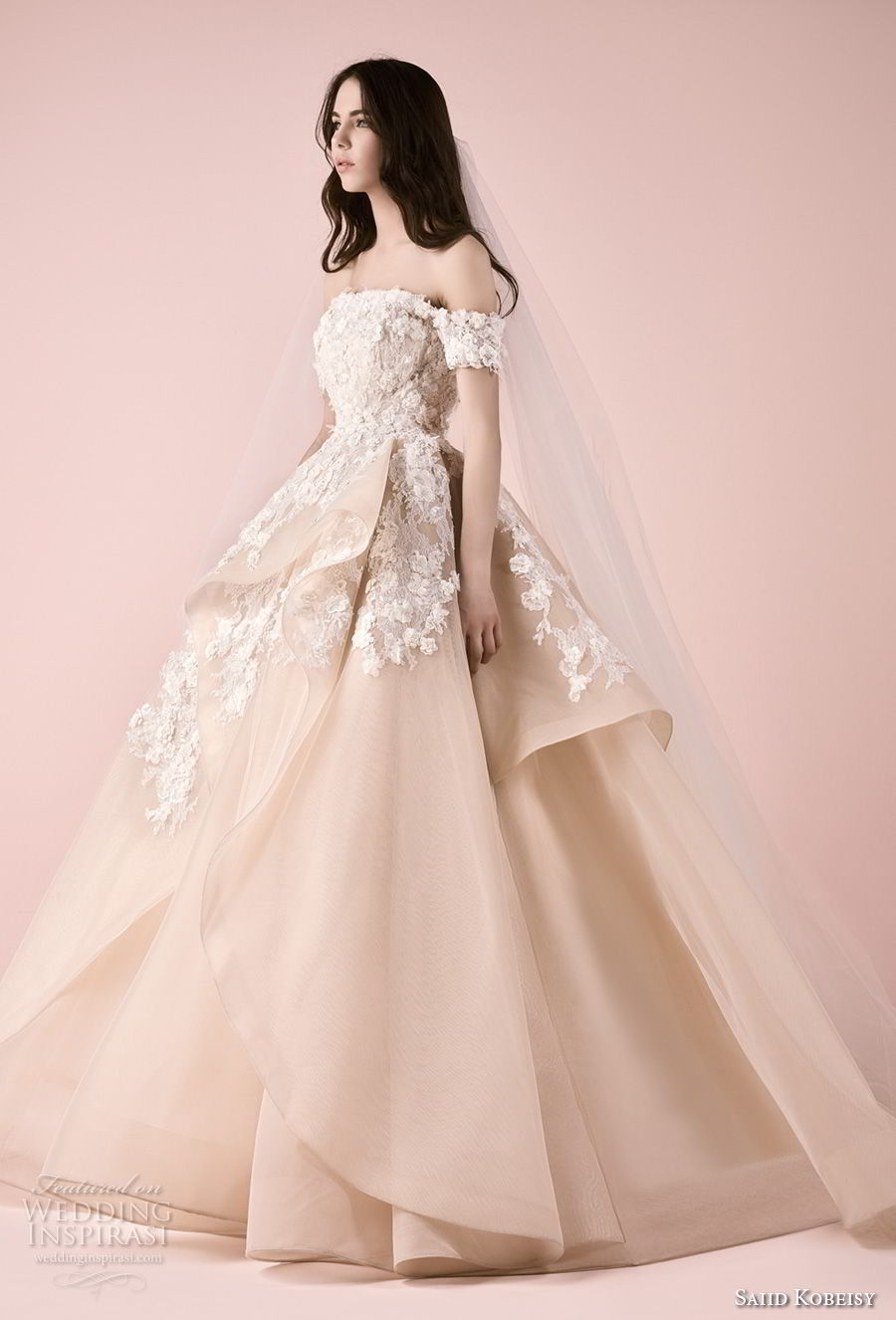 saiid kobeisy 2018 bridal off the shoulder straight across neckline heavily embellished bodice layered skirt princess blush color ball gown wedding dress (3257) mv