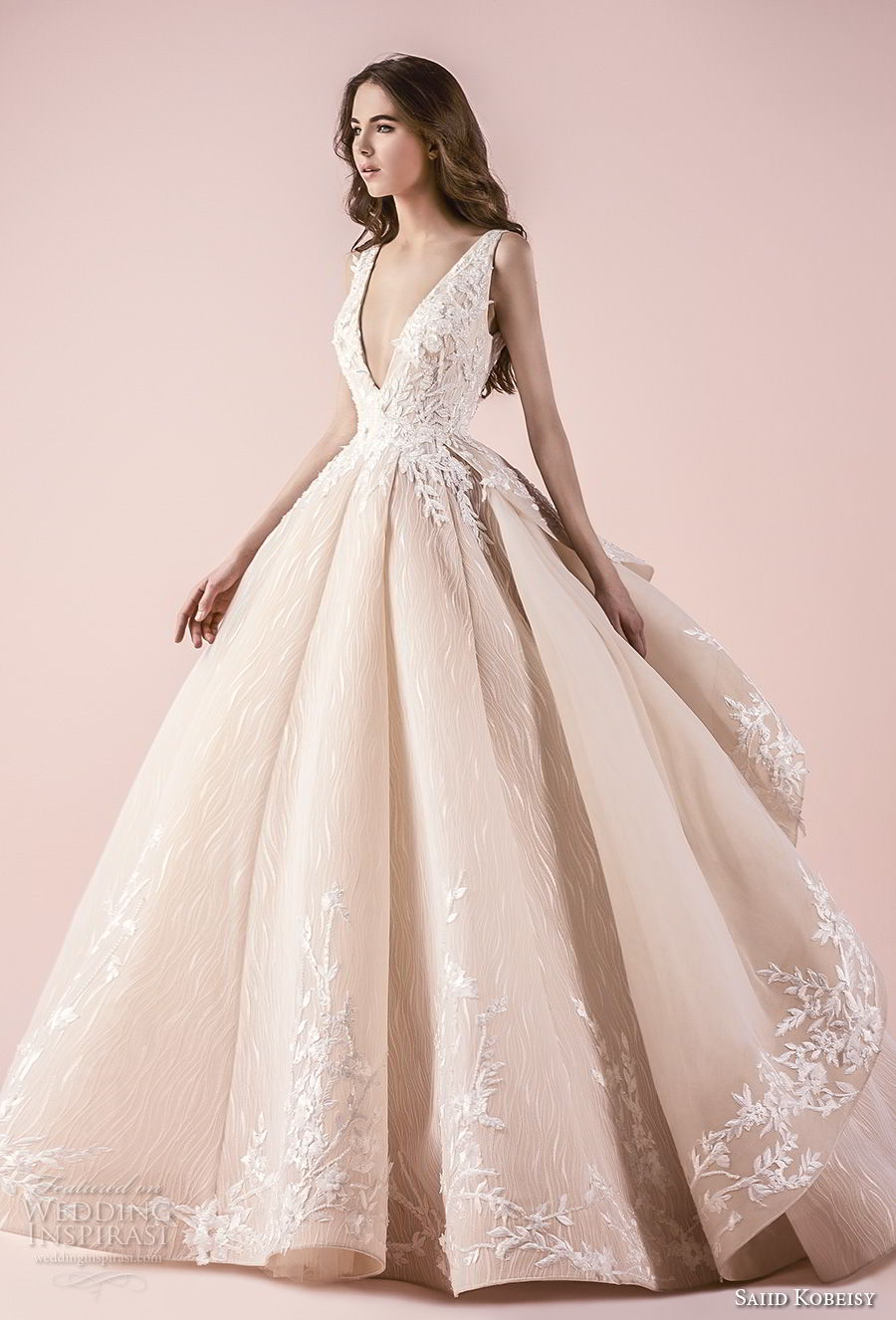 saiid kobeisy 2018 bridal sleeveless deep v neck heavily embellished bodice romanitc princess blush color ball gown wedding dress (3258) mv