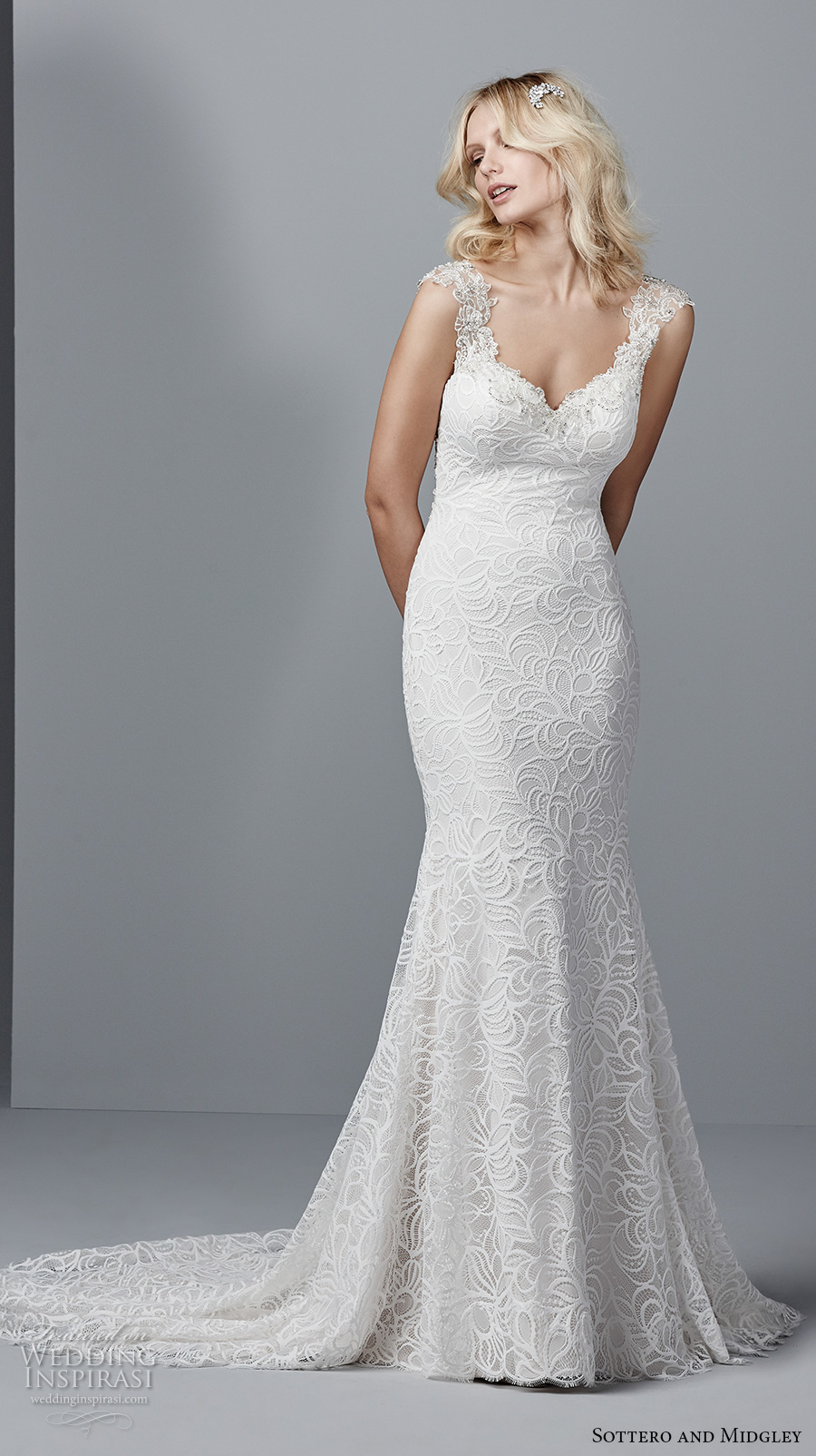 sottero midgley fall 2017 cap sleeves thick strap sweetheart neckline full embellishment elegant fit and flare wedding dress illusion lace back medium train (958) mv