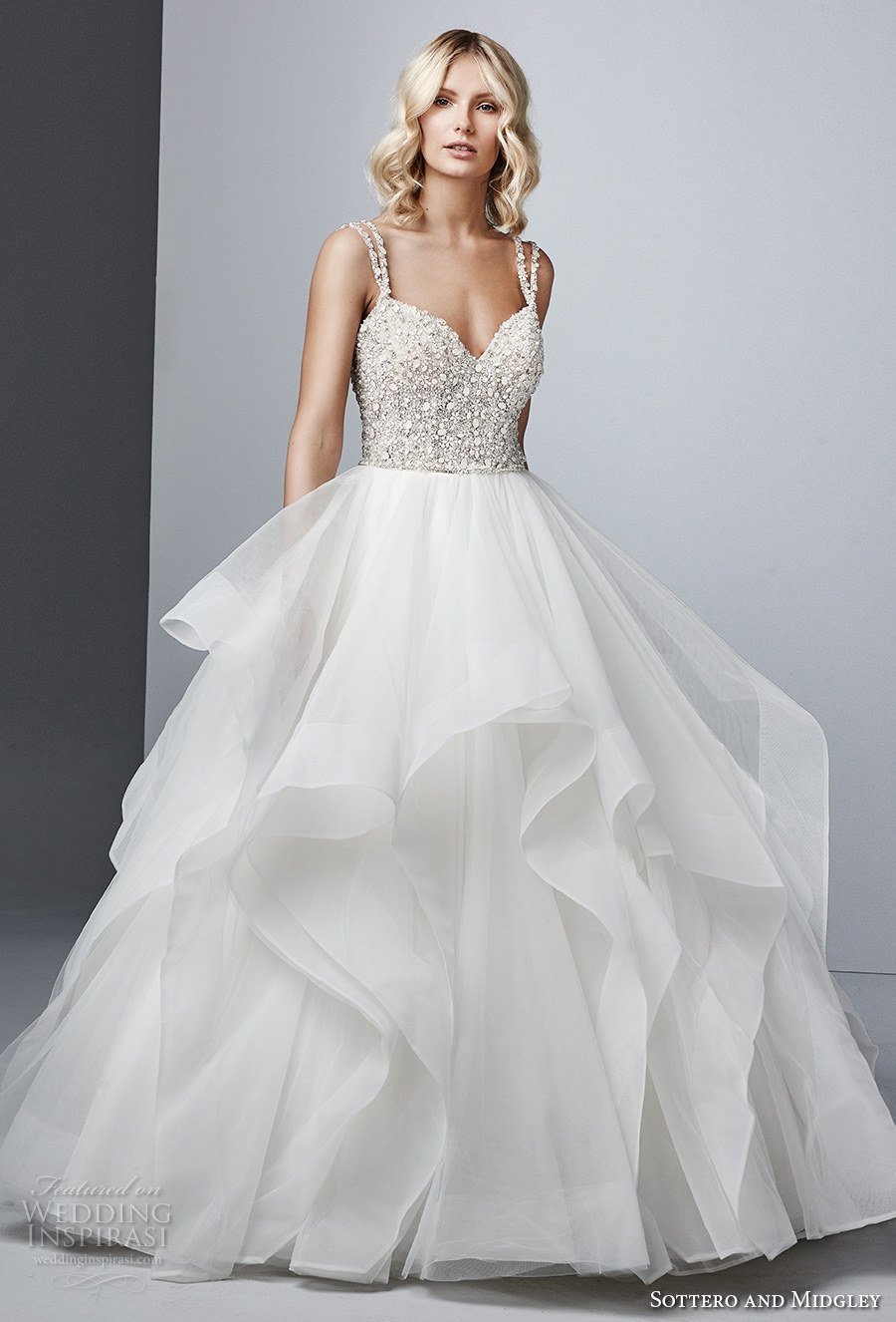 sottero midgley fall 2017 double strap sweetheart neckline heavily embellished beaded bodice layered skirt princess glamorous ball gown wedding dress open strap back chapel train (604) mv