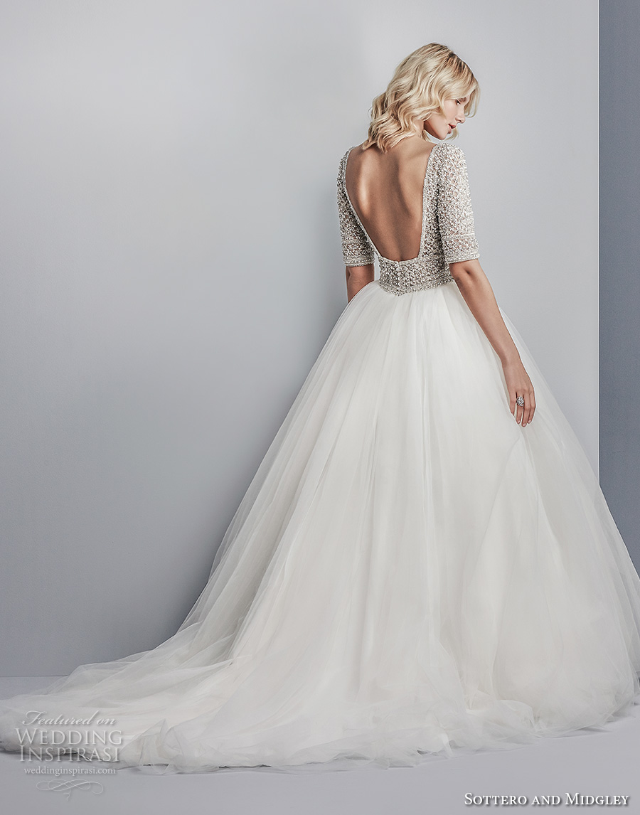 sottero midgley fall 2017 half sleeves bateau neck heavily embellished beaded bodice tulle skirt romantic glamorous a  line wedding dress open square back chapel train (611) bv