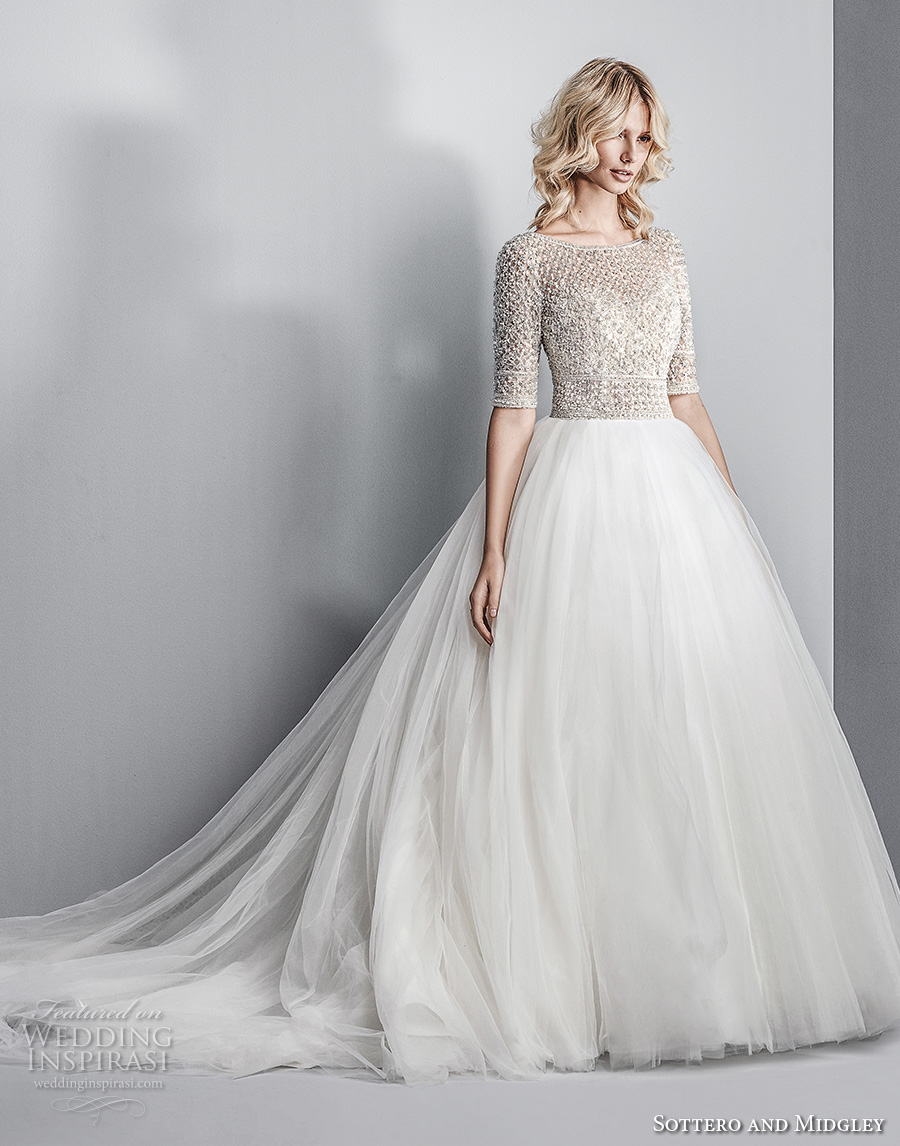 sottero midgley fall 2017 half sleeves bateau neck heavily embellished beaded bodice tulle skirt romantic glamorous a  line wedding dress open square back chapel train (611) mv