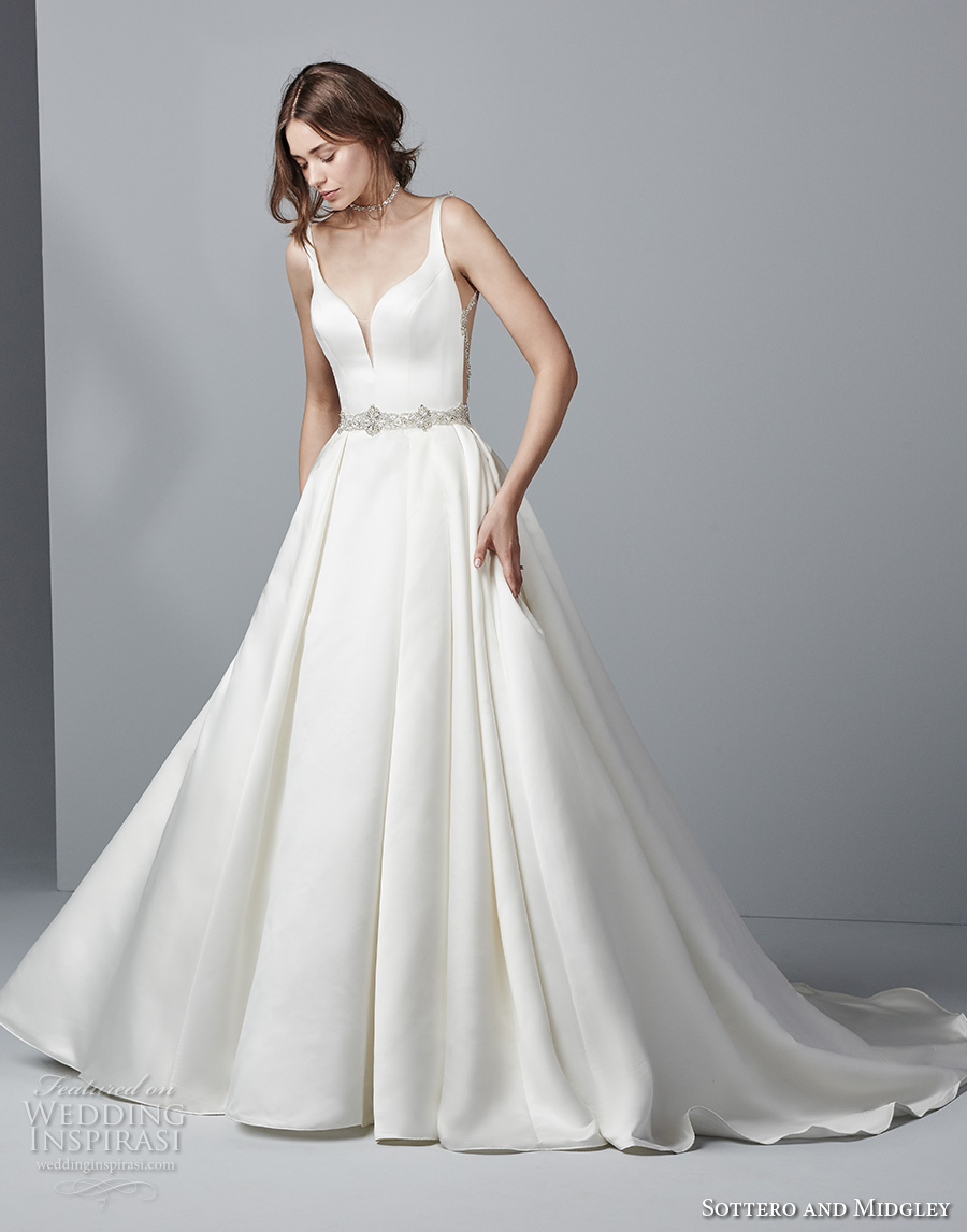 sottero midgley fall 2017 sleeveless strap deep sweetheart neckline simple clean elegant a  line wedding dress with pockets open back chapel train (949) mv