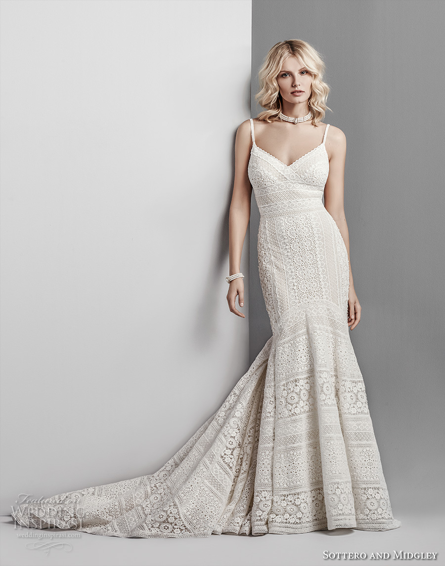 sottero midgley fall 2017 spaghetti strap v neck full embellishment romantic elegant lace mermaid wedding dress open v back chapel train (605) mv