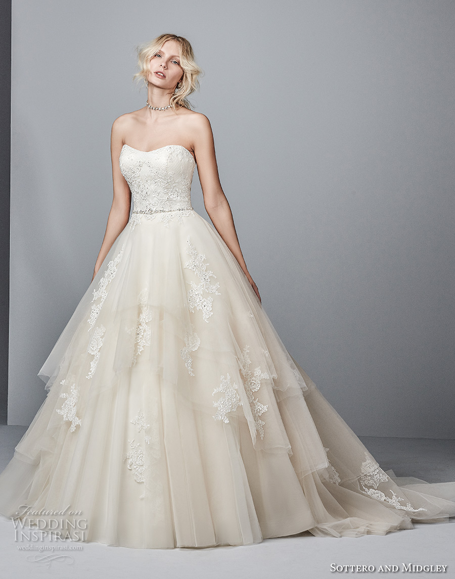 sottero midgley fall 2017 strapless semi sweetheart neckline heavily embellished bodice layered skirt princess a  line wedding dress chapel train (979) mv