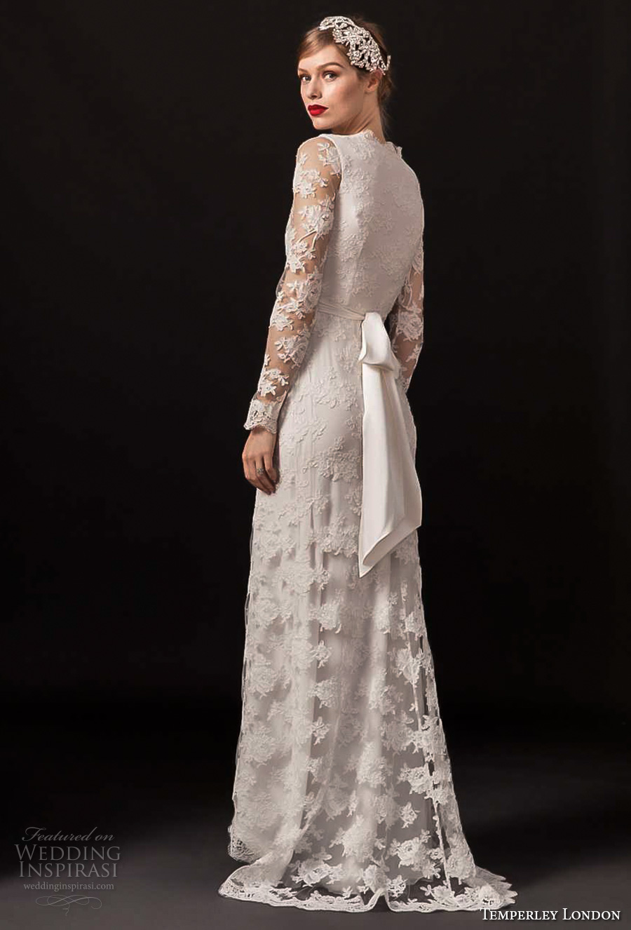 temperley london spring 2018 long sleeves v neck full lace embellishment elegant modified a  line wedding dress covered back sweep train (monica) bv