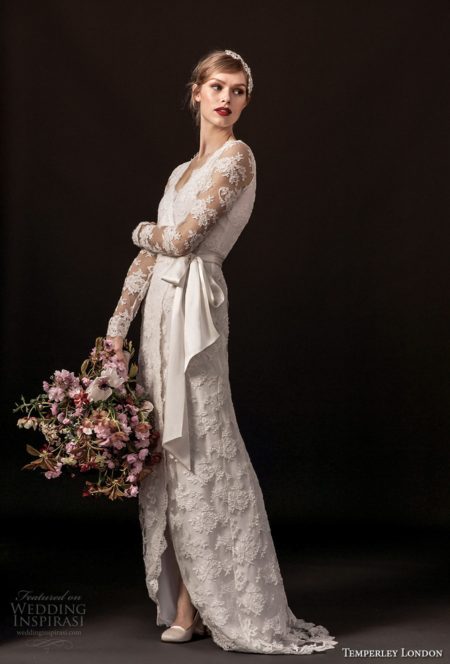 temperley london spring 2018 long sleeves v neck full lace embellishment elegant modified a  line wedding dress covered back sweep train (monica) mv