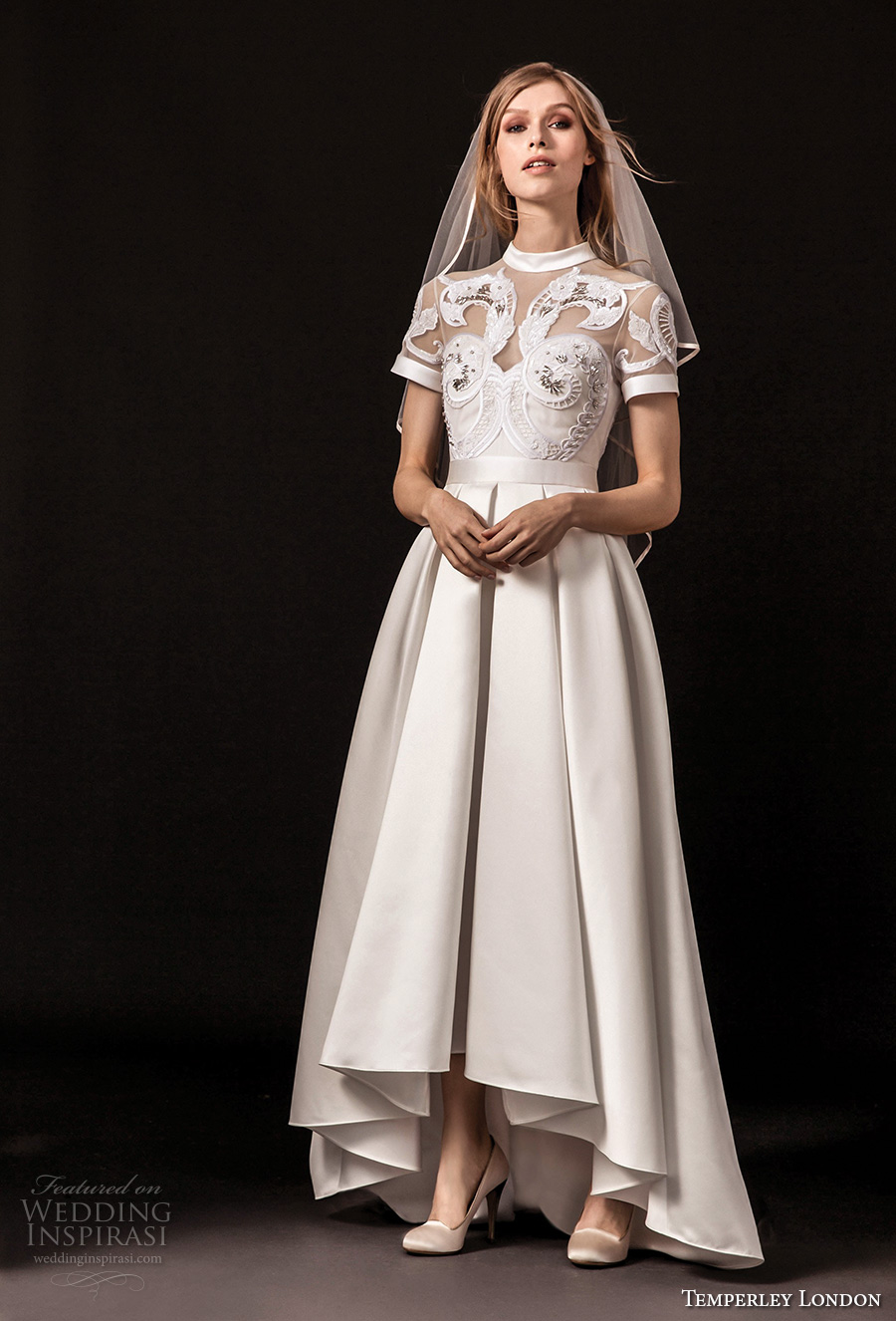 temperley london spring 2018 short sleeves illusion jewel sweetheart neckline heavily embellished romantic a  line wedding dress covered lace back sweep train (virginie) mv