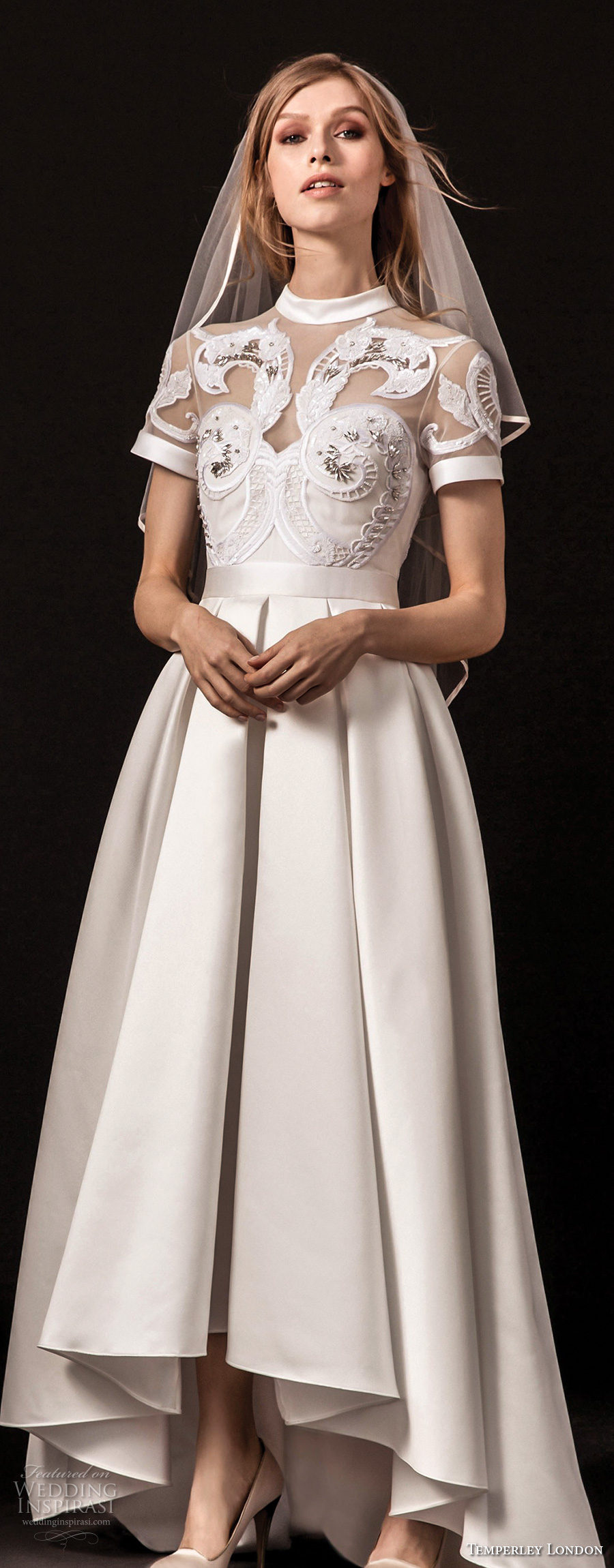 temperley london spring 2018 short sleeves illusion jewel sweetheart neckline heavily embellished romantic a  line wedding dress covered lace back sweep train (virginie) zv