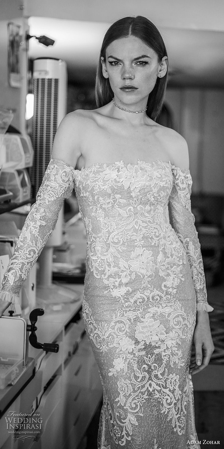 adam zohar 2017 bridal off the shoulder straight across neckline full embellishment elegant sexy fit and flare wedding dress sweep train (16) mv