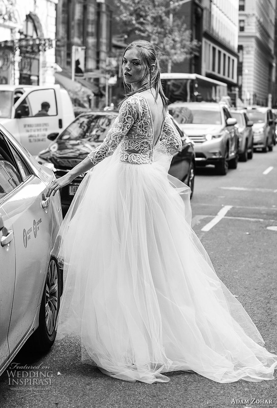 adam zohar 2017 bridal three quarter sleeves deep v neck heavily embellished bodice tulle skirt romantic a  line wedding dress open v back medium train (14) bv