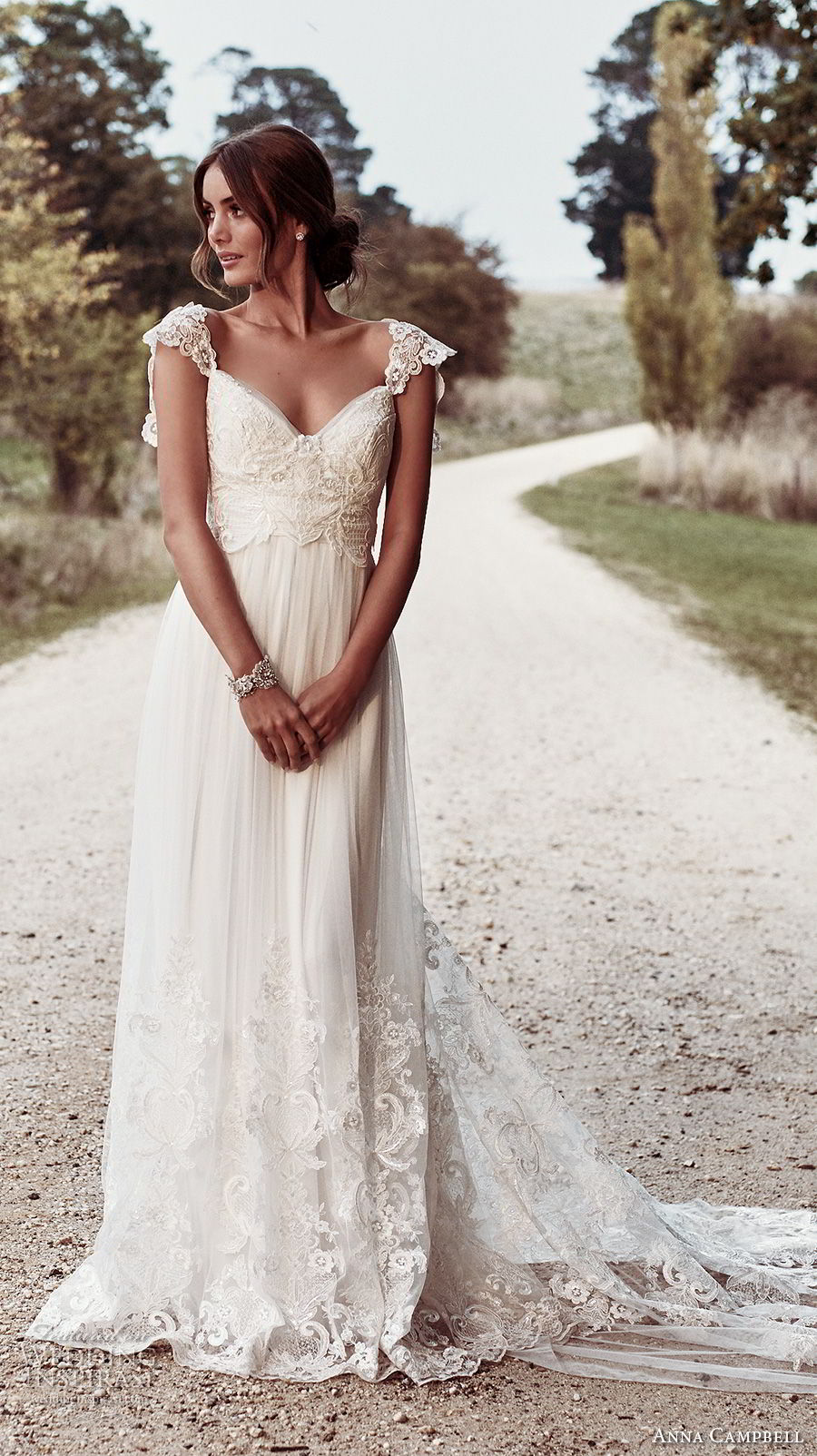 anna campbell 2018 bridal cap sleeves sweetheart neckline heavily embellished bodice romantic soft a  line wedding dress open v back sweep train (5) mv