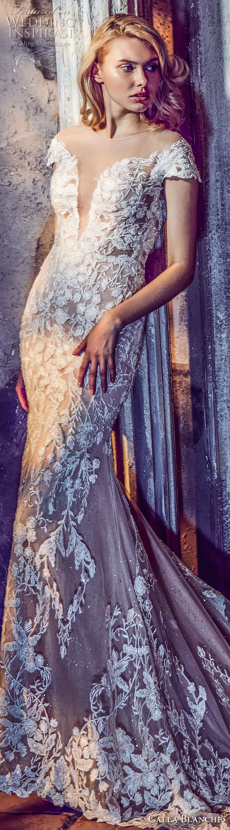 calla blanche fall 2017 bridal cap sleeves sheer jewel deep plunging sweetheart necklne full embellishment elegant fit and flare wedding dress chapel train (81) zv