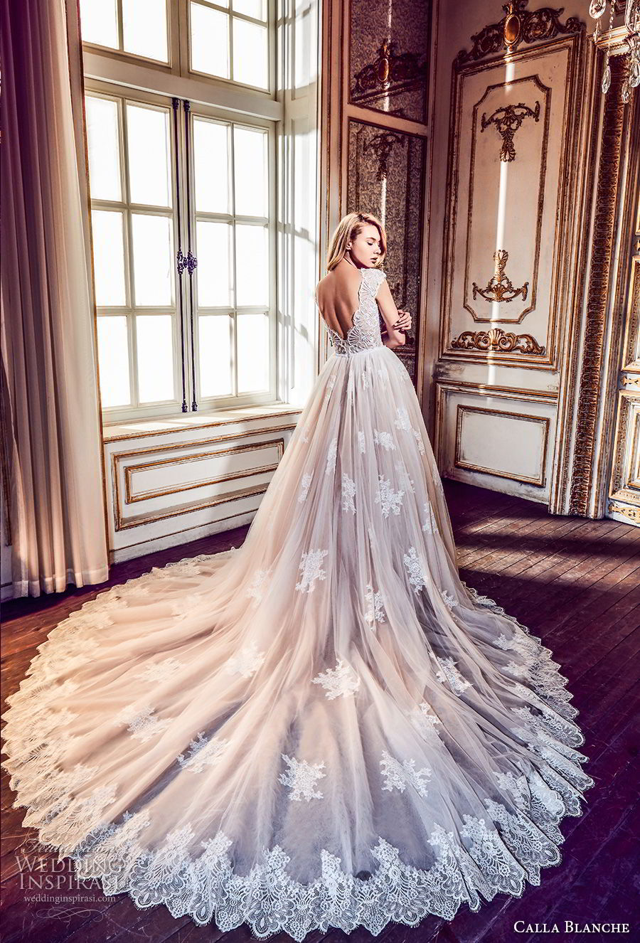 calla blanche fall 2017 bridal cap sleeves v neck heavily embellished bodice romantic blush color a  line wedding dress open v back royal train (43) bv
