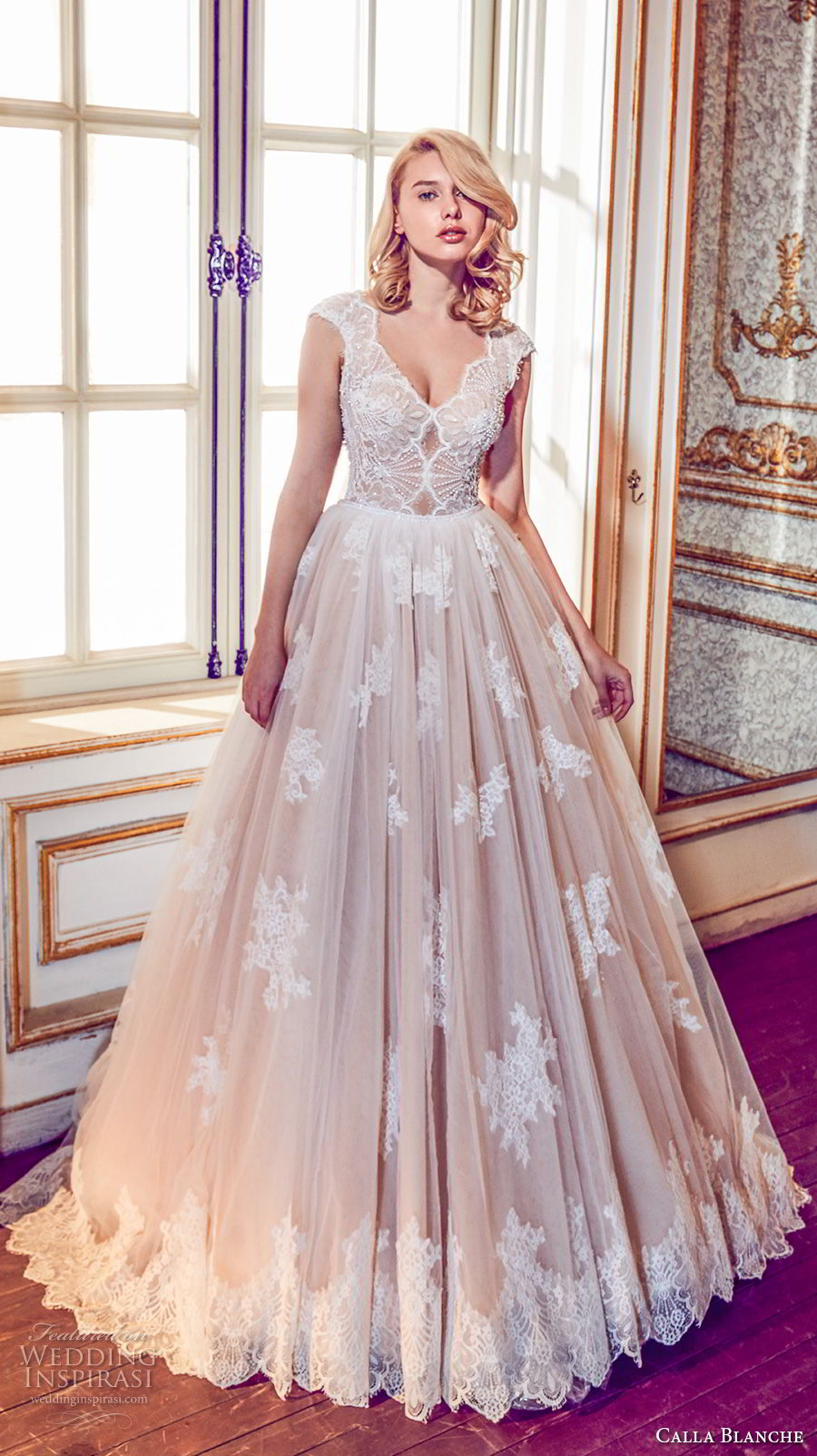 calla blanche fall 2017 bridal cap sleeves v neck heavily embellished bodice romantic blush color a  line wedding dress open v back royal train (43) mv