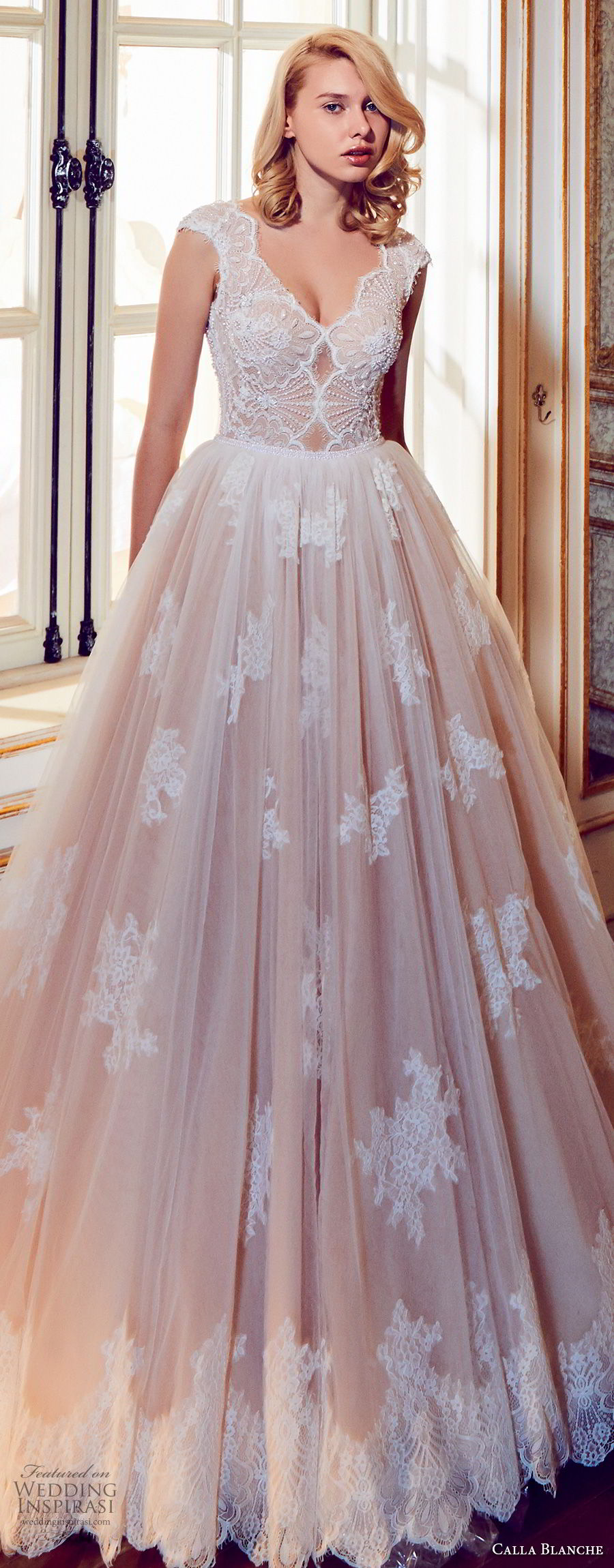 calla blanche fall 2017 bridal cap sleeves v neck heavily embellished bodice romantic blush color a  line wedding dress open v back royal train (43) zv