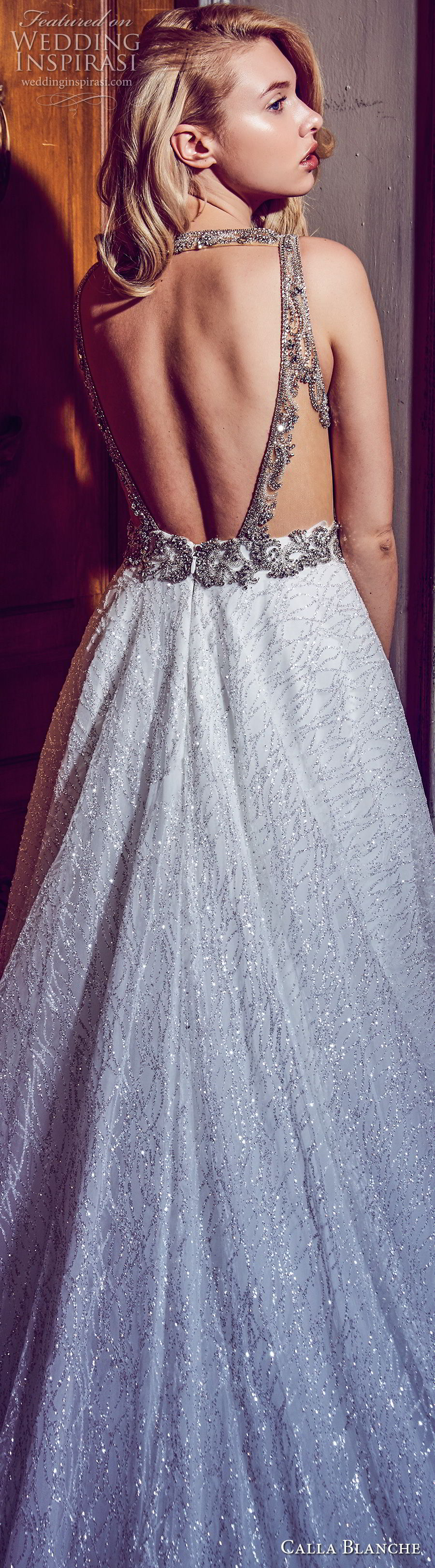 calla blanche fall 2017 bridal sleeveless deep plunging v neck light embellishement romantic a  line wedding dress open v back chapel train (82) zbv