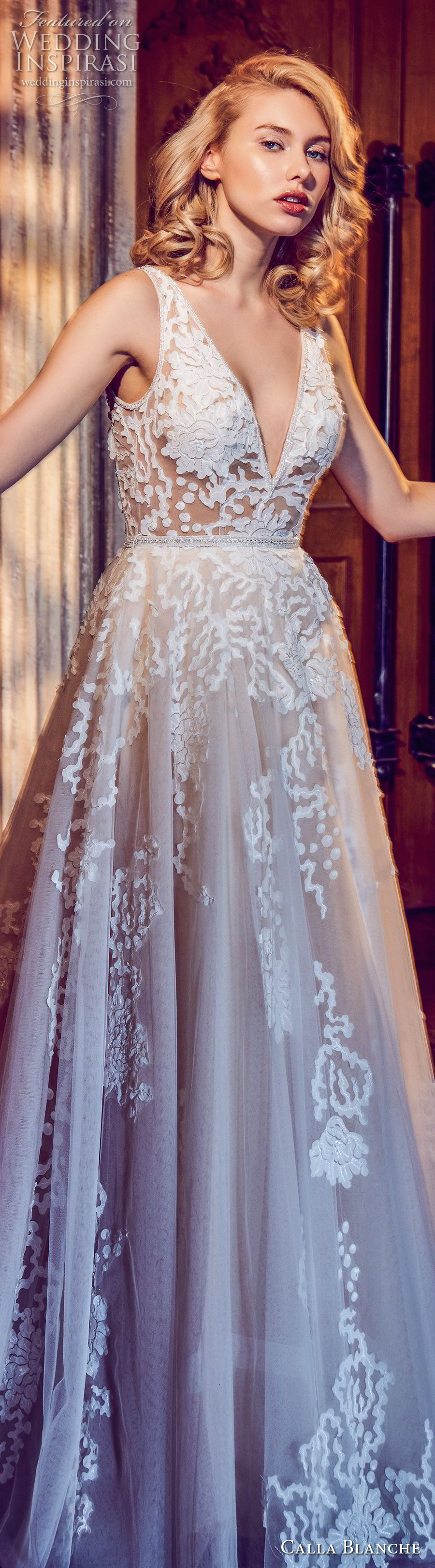 calla blanche fall 2017 bridal sleeveless deep v neck heavily embellished bodice romantic a  line wedding dress keyhole back chapel train (39) zv