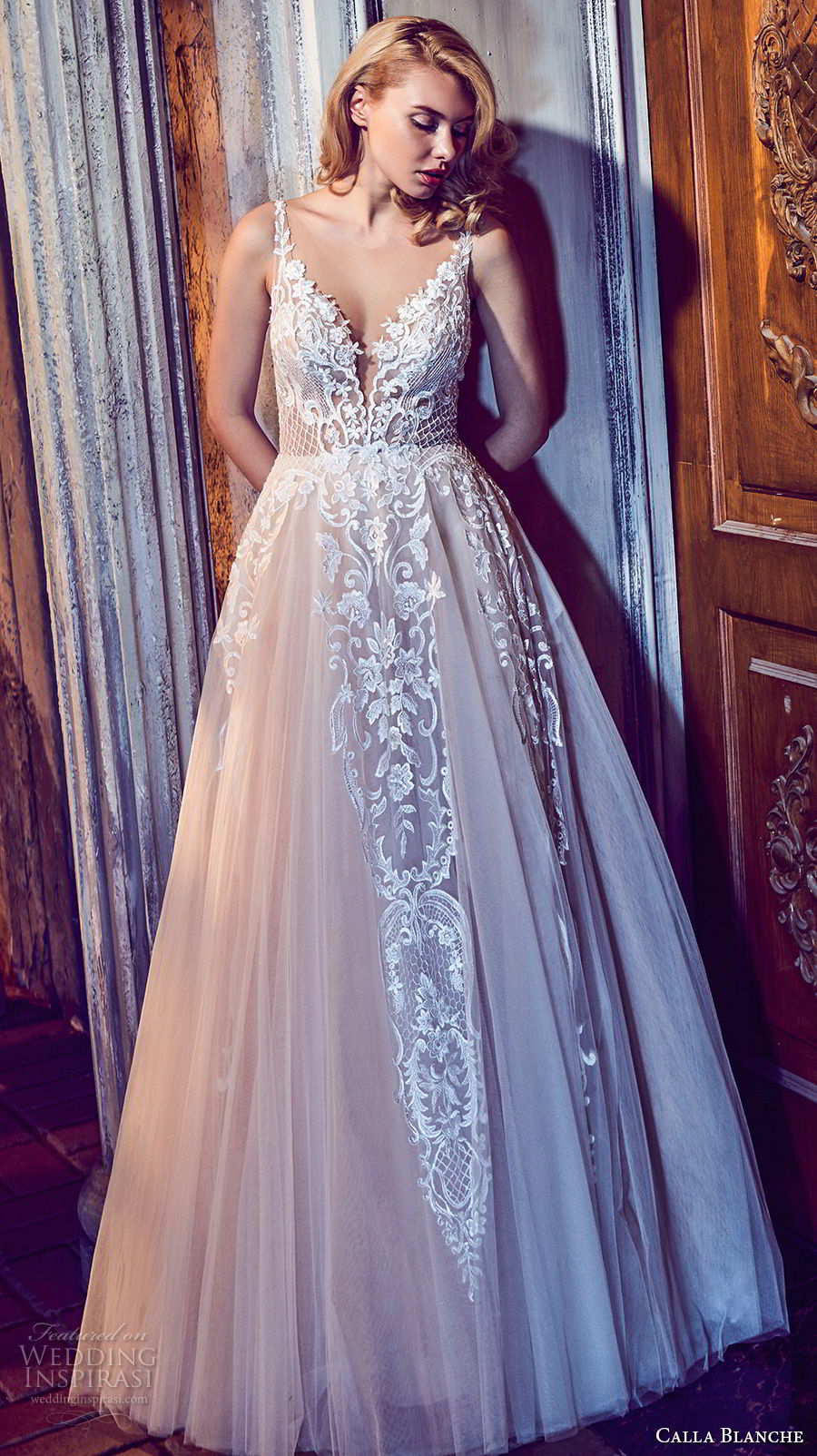 calla blanche fall 2017 bridal sleeveless thin strap deep plunging sweetheart neckline heavily embellished bodice romantic a  line weddng dress pockets open back royal train (36) mv