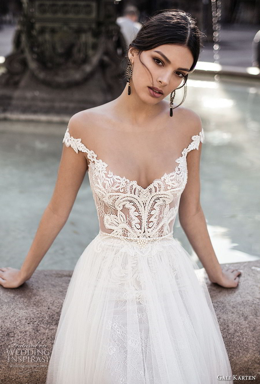 gali karten 2017 bridal off the shoulder v neck heavily embellished bodice tulle skirt romantic a  line wedding dress sweep train (1) zv 