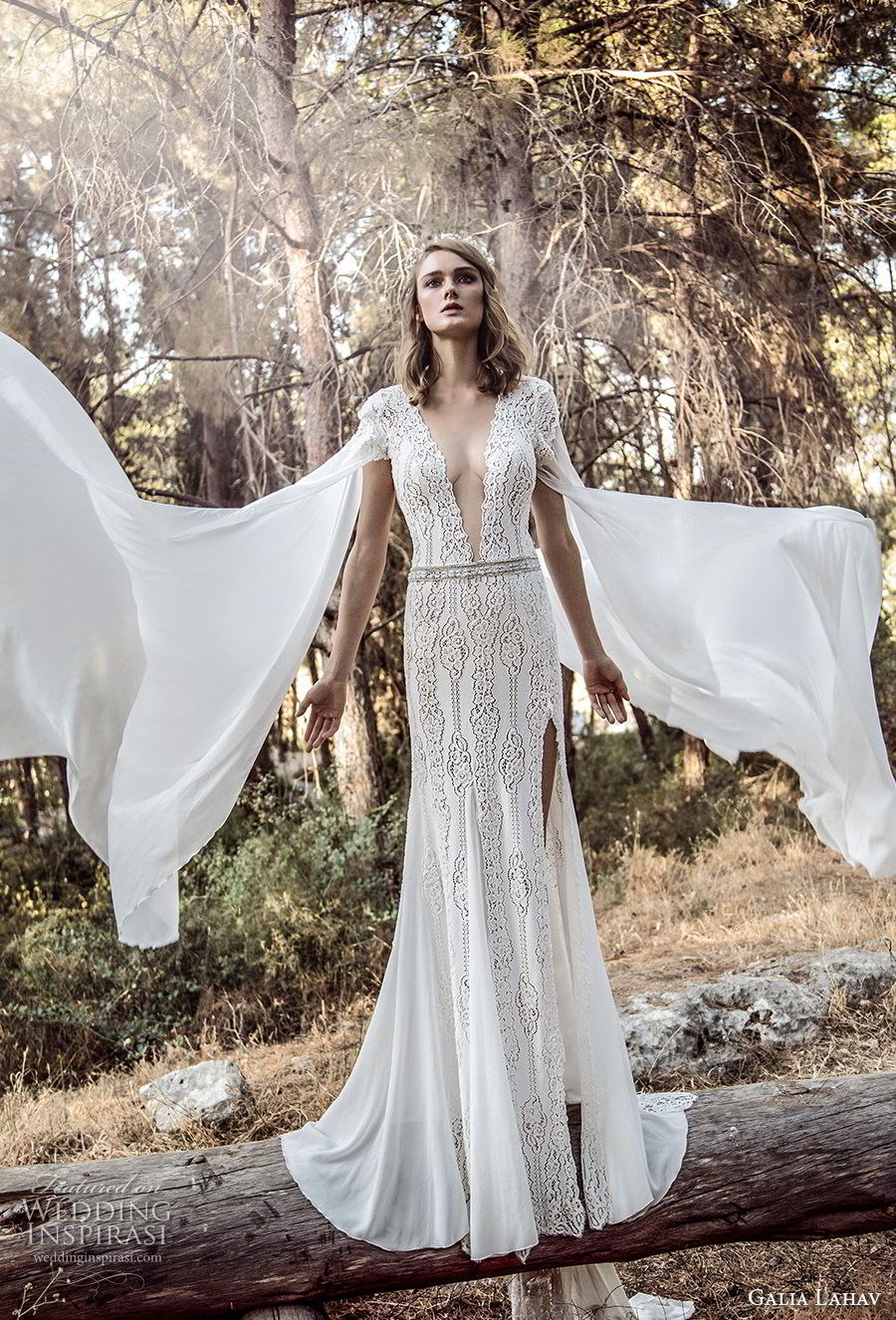 galia lahav gala 4 2018 bridal cap sleeves deep v neck full embellishment elegant sexy side slit sheath wedding dress sweep train (906) mv