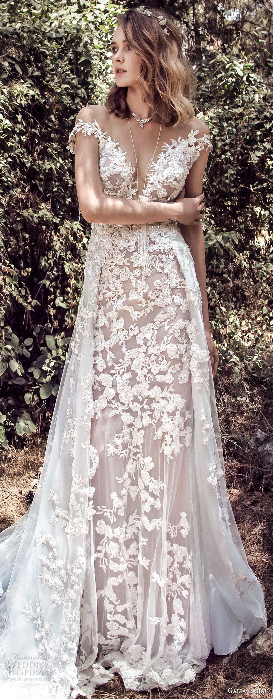 galia lahav gala 4 2018 bridal cap sleeves off the shoulder deep plungng sweetheart neck full embellishment elegant soft a  line wedding dress open back chapel train (901) lv