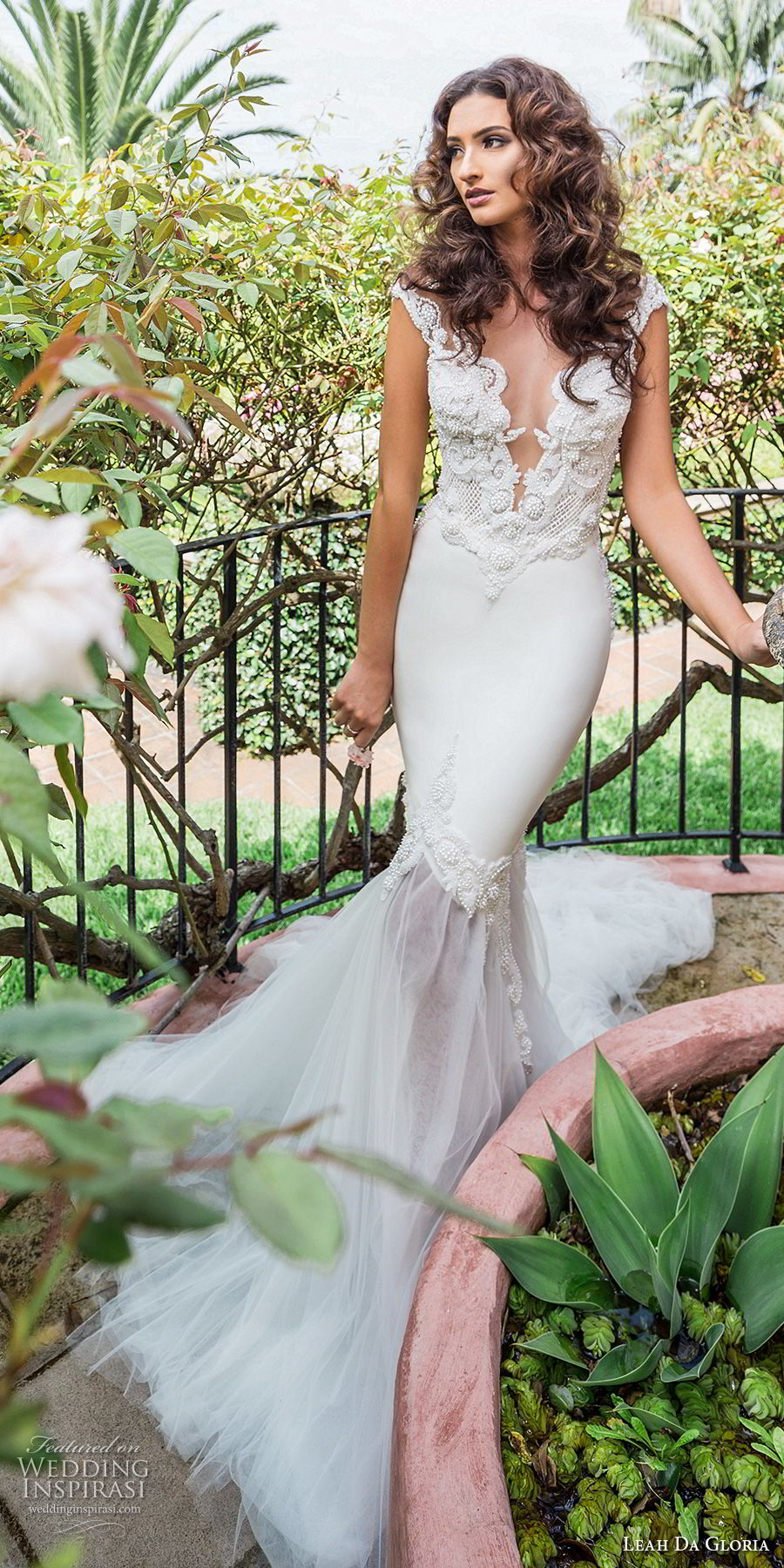 leah da gloria 2017 bridal cap sleeves deep plunging v neck heavily embellished bodice elegant mermaid wedding dress chapel train (amanda) mv