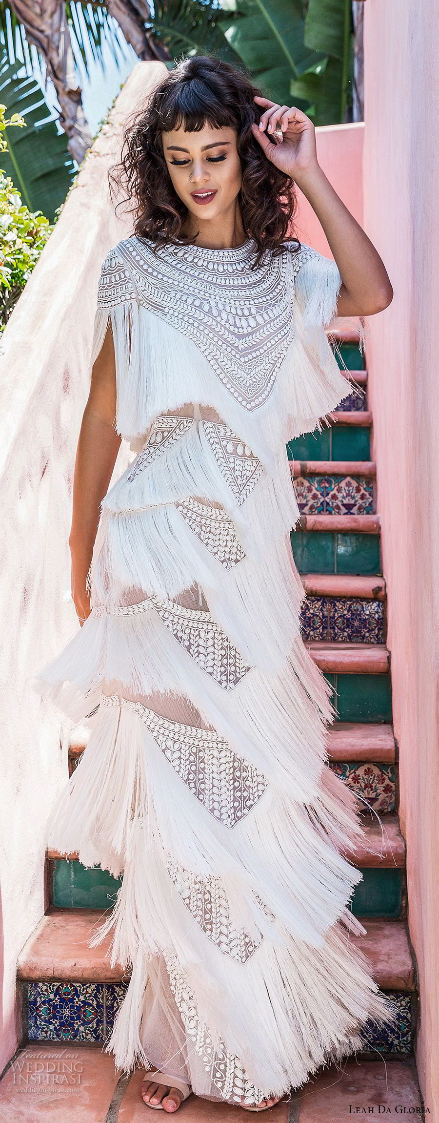 leah da gloria 2017 bridal cap sleeves jewel neckline fully embellishment fringes layered skirt bohemian column wedding dress (mia) mv
