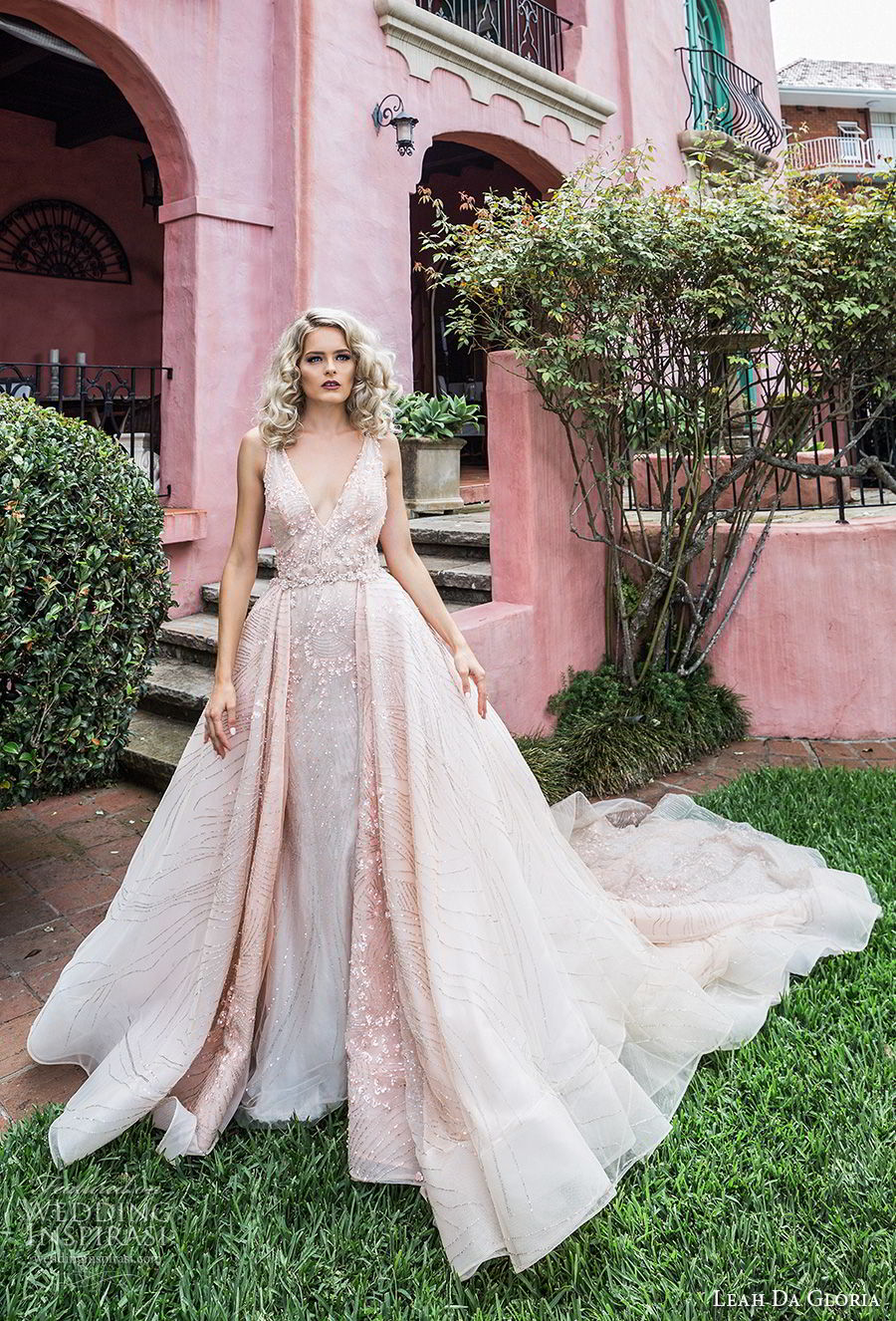 leah da gloria 2017 bridal sleeveless deep v neck full embellishment romantic princess pink ball gown a  line wedding dress royal train (laura) mv