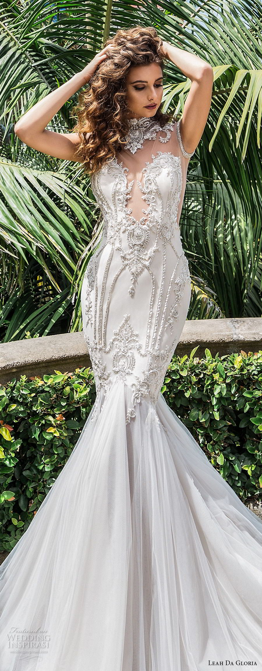 leah da gloria 2017 bridal sleeveless illusion high neck deep plunging sweetheart neckline heavily embellished bodice glamorous mermaid wedding dress long train (celine) zv