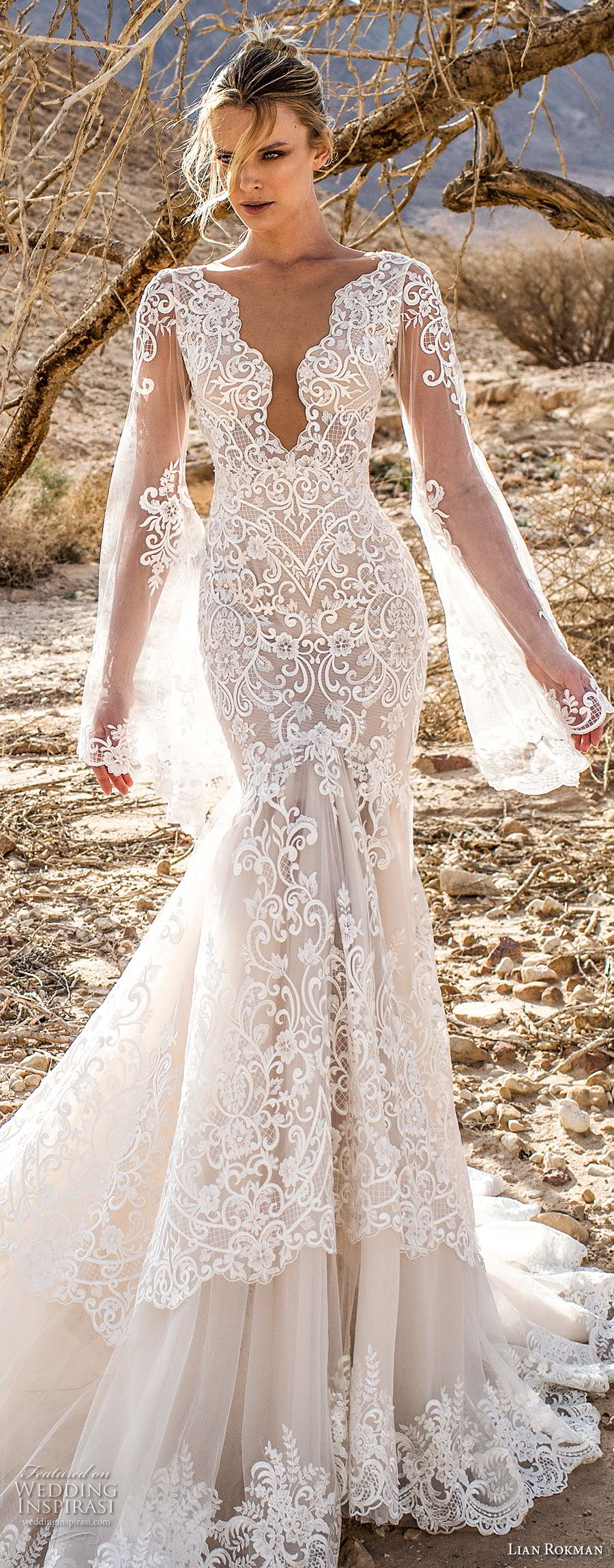 lian rokman 2017 bridal long bell sleeves deep plunging v neck full embellishment elegant sexy mermaid wedding dress open v back chapel train (moonlight) mv lian rokman 2017 bridal long bell sleeves deep plunging v neck full embellishment elegant sexy mermaid wedding dress open v back chapel train (moonlight) mv