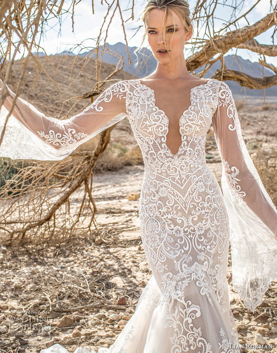 lian rokman 2017 bridal long bell sleeves deep plunging v neck full embellishment elegant sexy mermaid wedding dress open v back chapel train (moonlight) zv lian rokman 2017 bridal long bell sleeves deep plunging v neck full embellishment elegant sexy mermaid wedding dress open v back chapel train (moonlight) zv