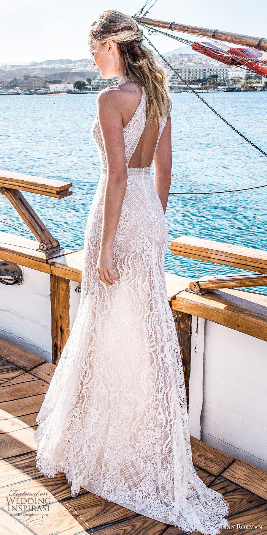 lian rokman 2017 bridal sleeveless halter neck full embellishment elegant sexy sheath wedding dress keyhole back short train (sapphire) bv
