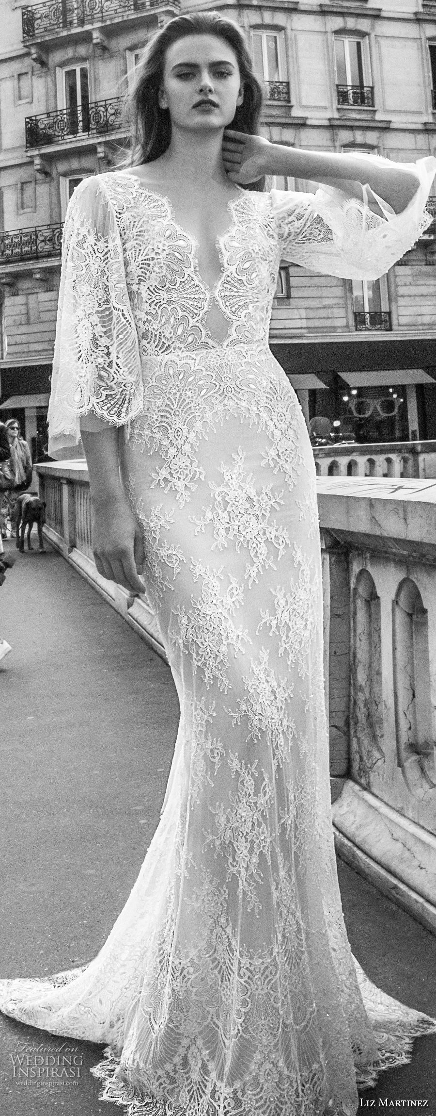 liz martinez 2018 bridal half bell sleeves deep v neck full embellishment elegant sheath wedding dress open back sweep train (4) lv