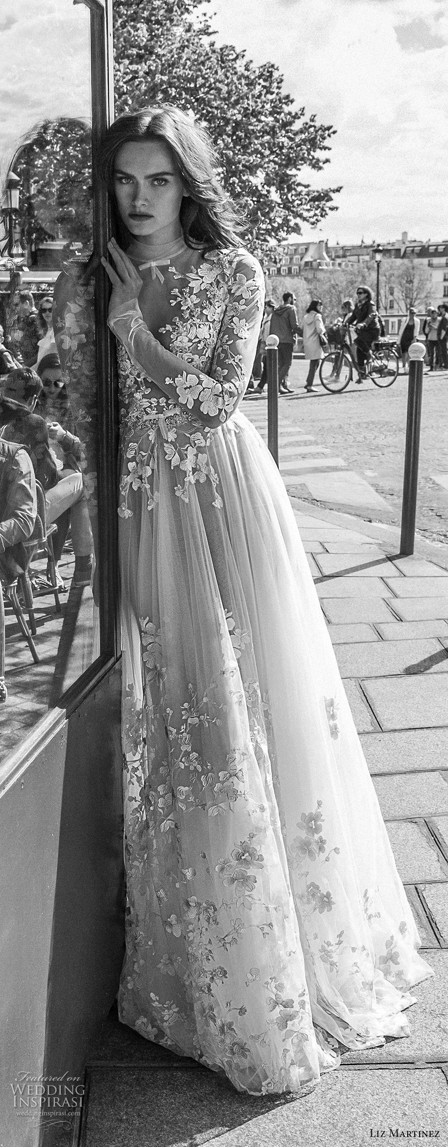 liz martinez 2018 bridal long sleeves illusion high neck plunging v neck heavily embellished bodice romantic soft a  line wedding dress long train (2) lv