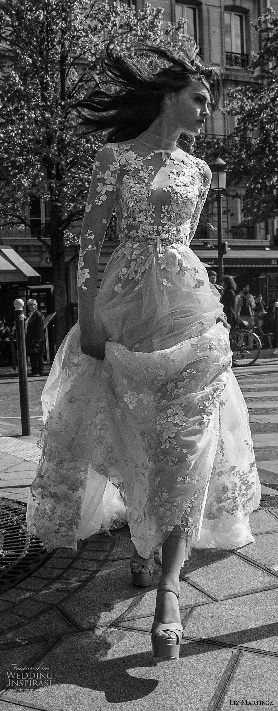 liz martinez 2018 bridal long sleeves illusion high neck plunging v neck heavily embellished bodice romantic soft a  line wedding dress long train (2) mv 