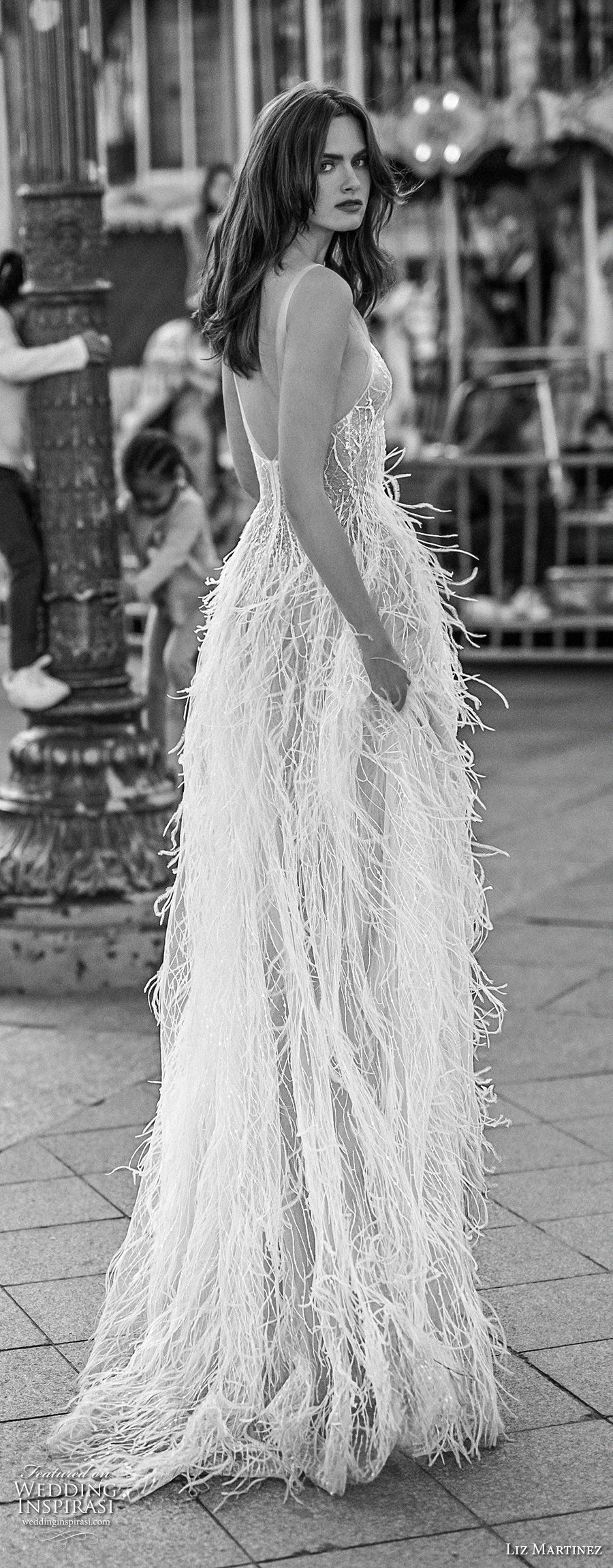 liz martinez 2018 bridal sheer strap sweetheart neckline full embellishment feathers romantic soft a  line wedding dress open scoop back sweep train (9) bv