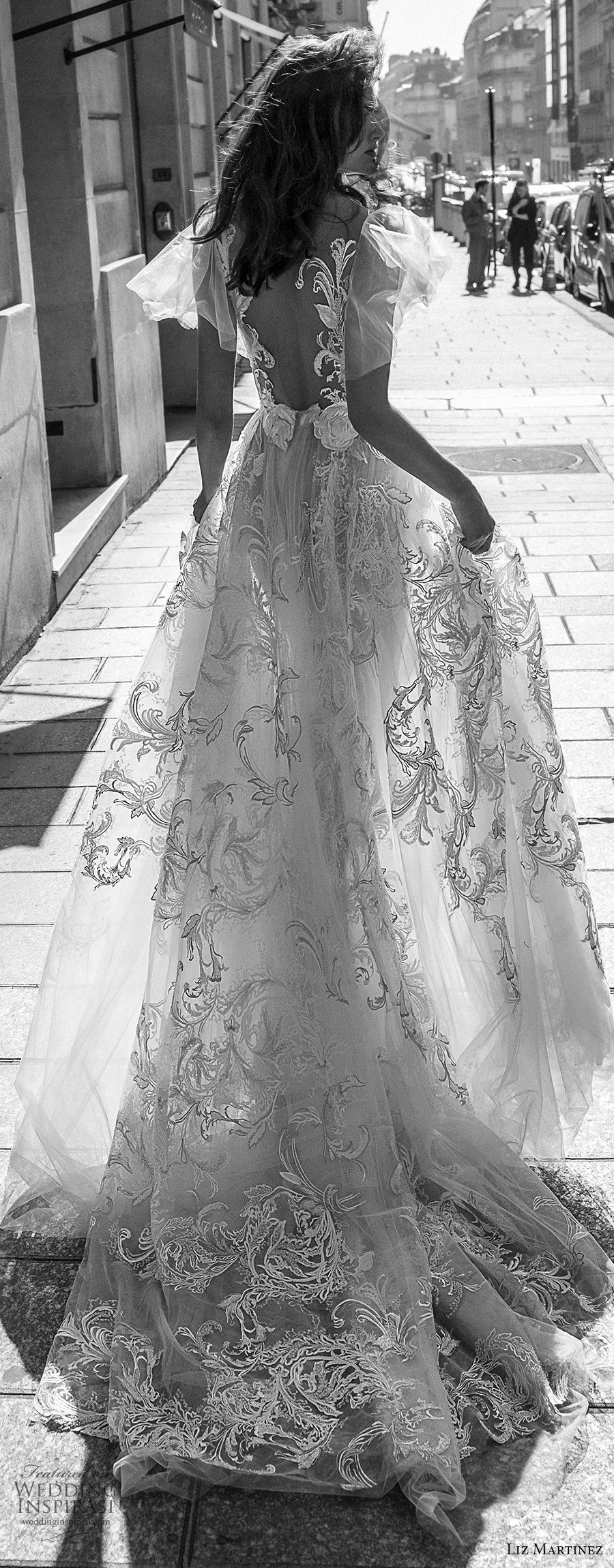 liz martinez 2018 bridal short handkerchief sleeves deep v neck full embellishment romantic soft a  line wedding dress open back chapel train (6) blv