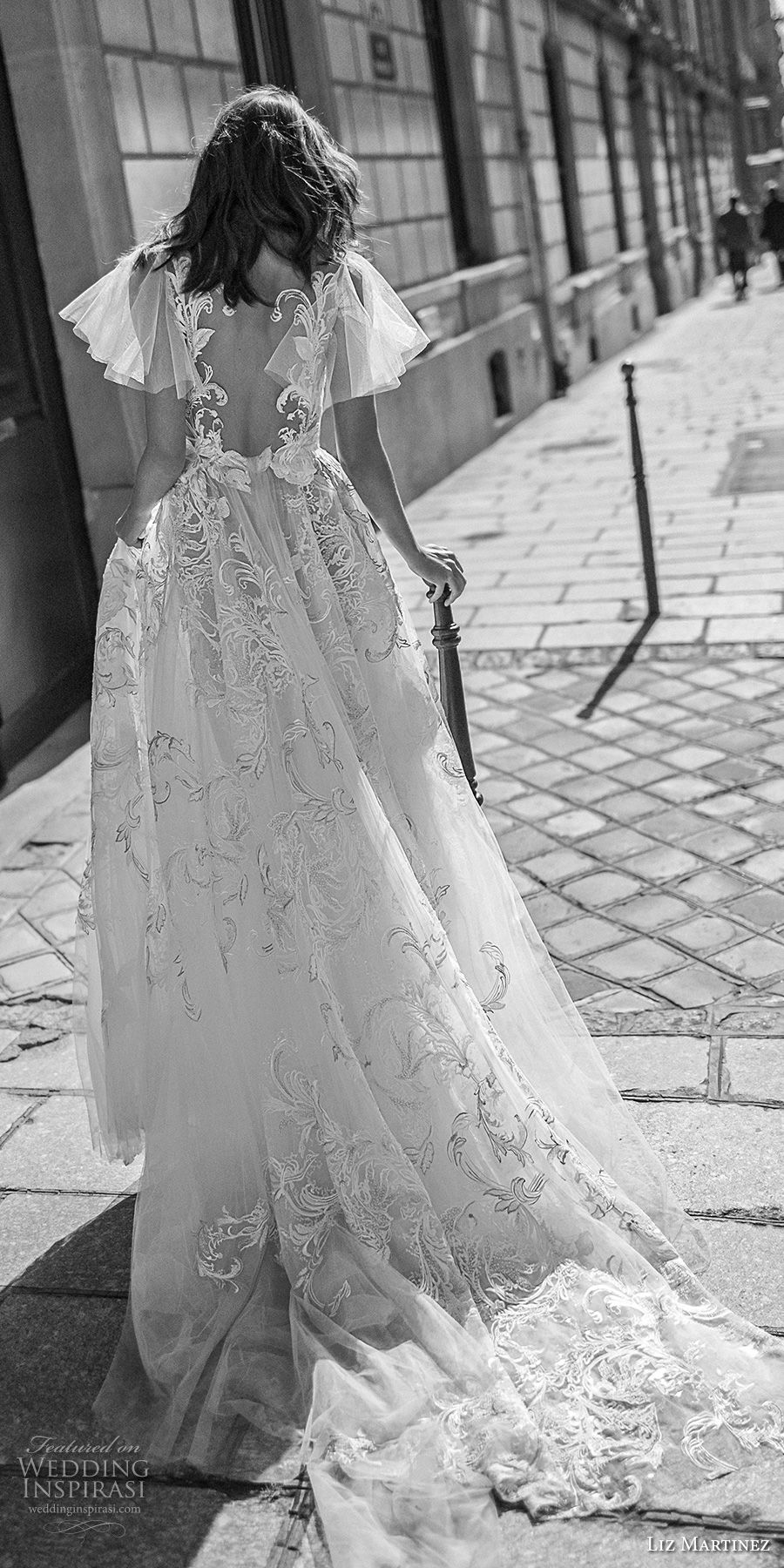 liz martinez 2018 bridal short handkerchief sleeves deep v neck full embellishment romantic soft a  line wedding dress open back chapel train (6) bv
