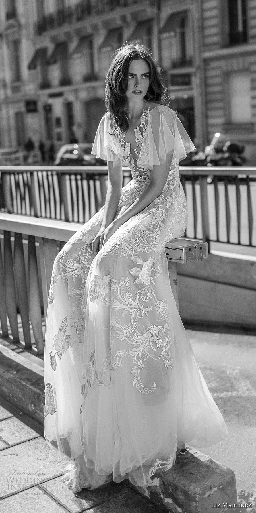 liz martinez 2018 bridal short handkerchief sleeves deep v neck full embellishment romantic soft a  line wedding dress open back chapel train (6) mv