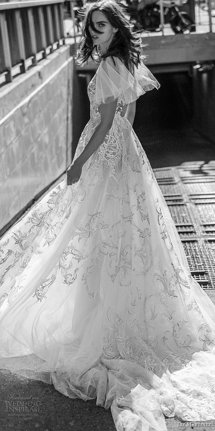 liz martinez 2018 bridal short handkerchief sleeves deep v neck full embellishment romantic soft a  line wedding dress open back chapel train (6) sdv